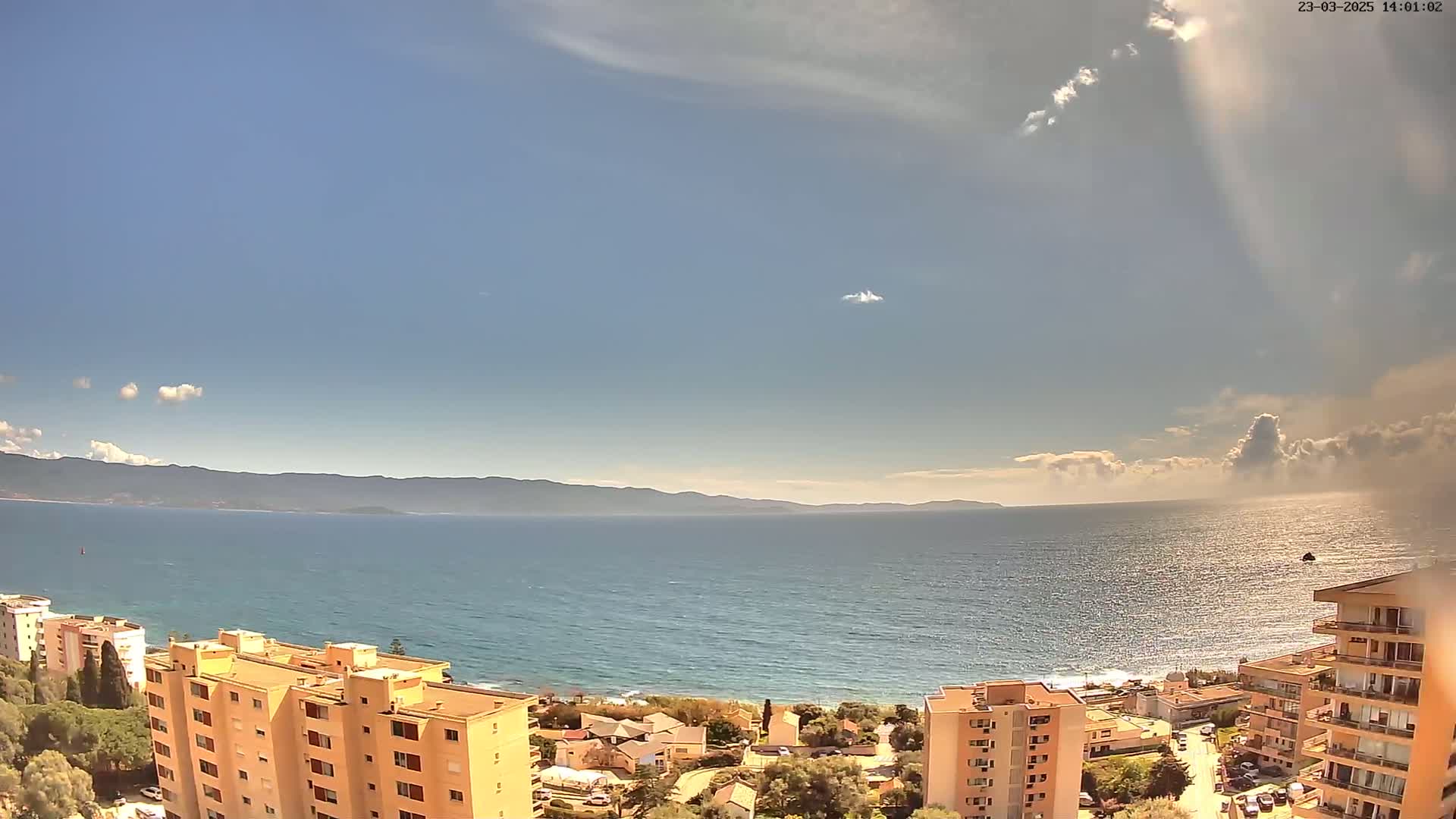 A mostly sunny day overlooking a calm sea, with mountains in the distance and apartment buildings in the foreground.