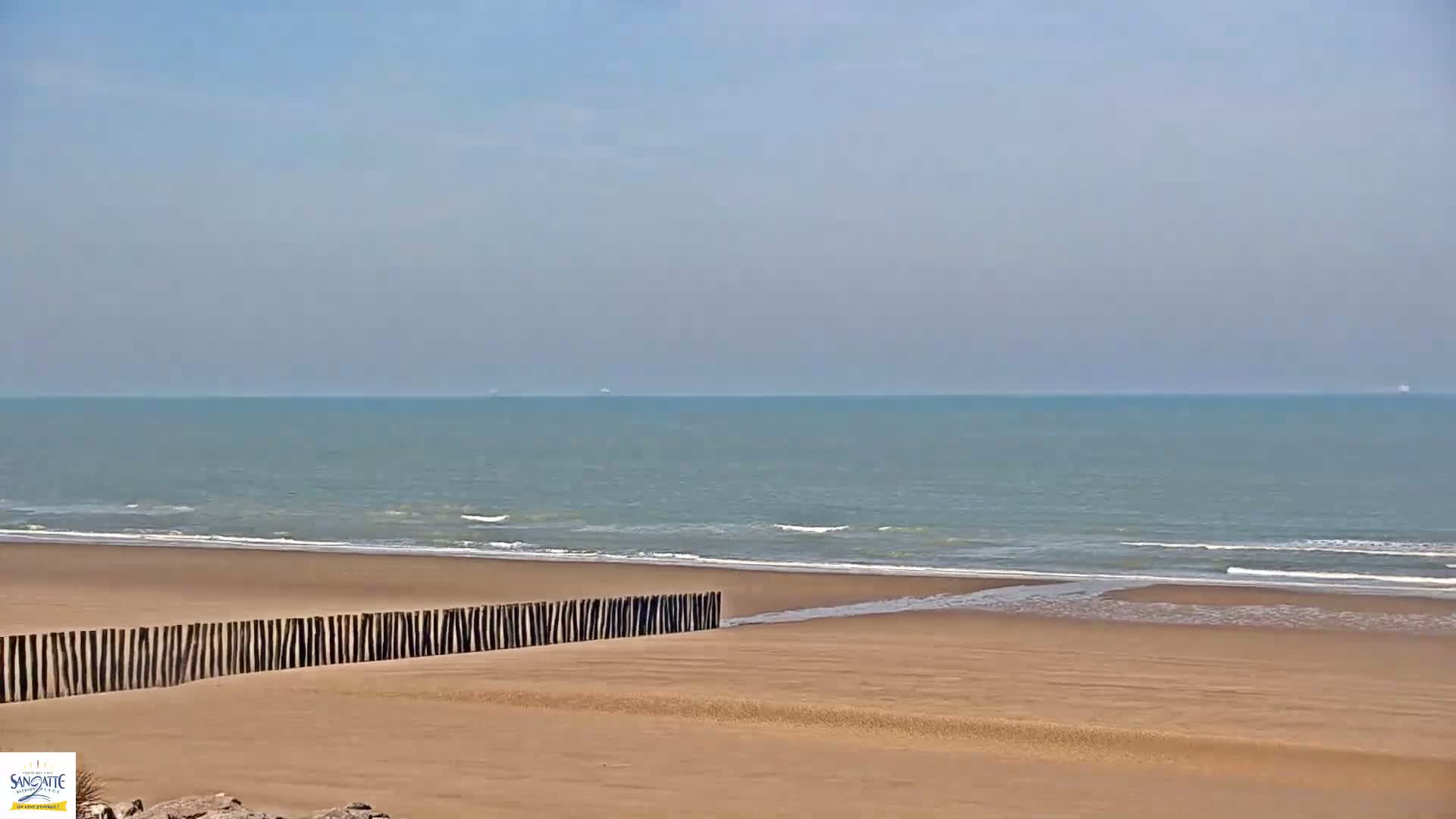 A sandy beach with a low wooden barrier stretches to a calm, light-blue ocean under a clear sky.