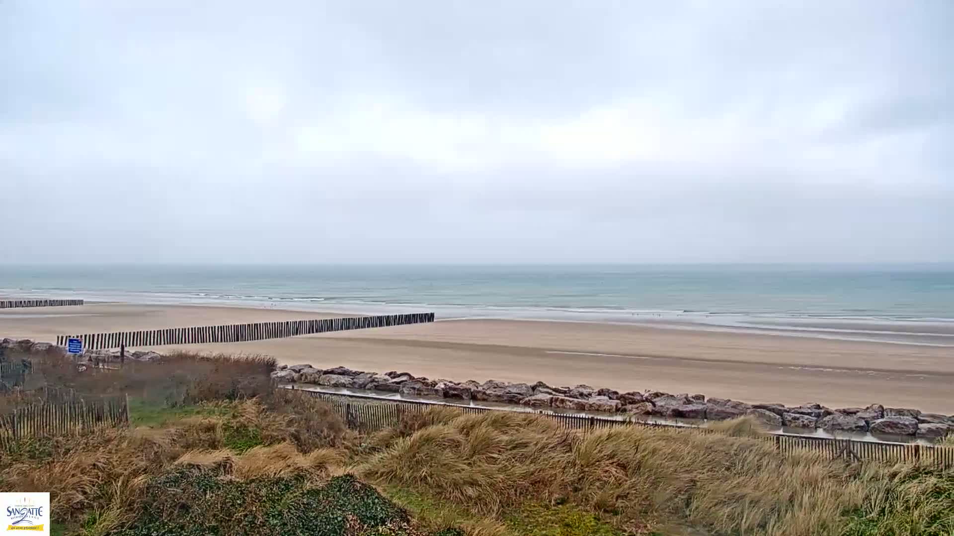 A wide sandy beach stretches to a calm, light-blue ocean under an overcast sky.