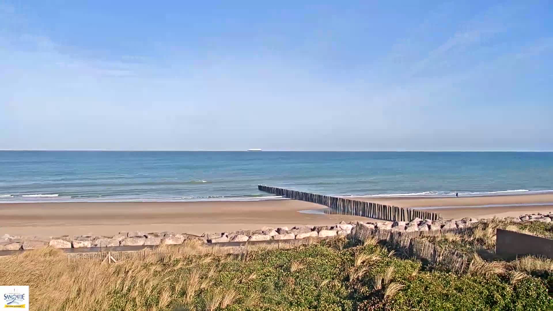 A sandy beach with gentle waves under a clear blue sky stretches to a calm ocean, where a breakwater juts into the water.