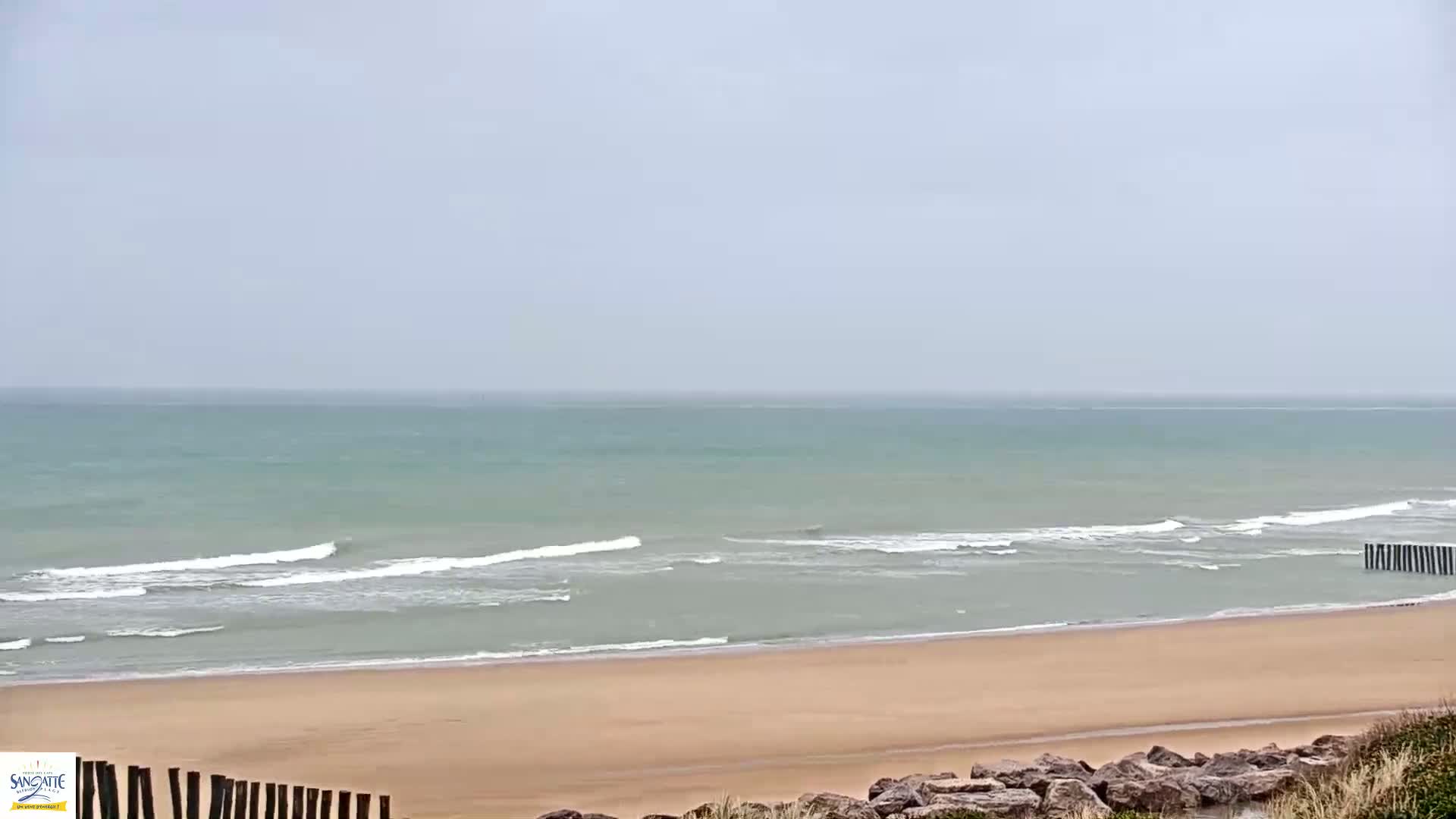 A sandy beach meets a calm, light-green ocean under an overcast sky.