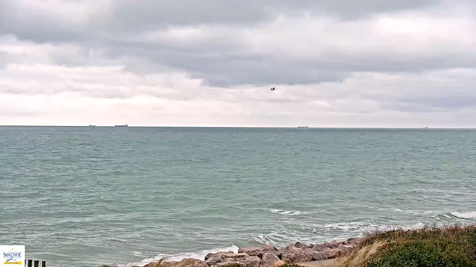 A calm, gray-skied day shows a view of a sea with a few ships in the distance, small waves lapping at a rocky shoreline.