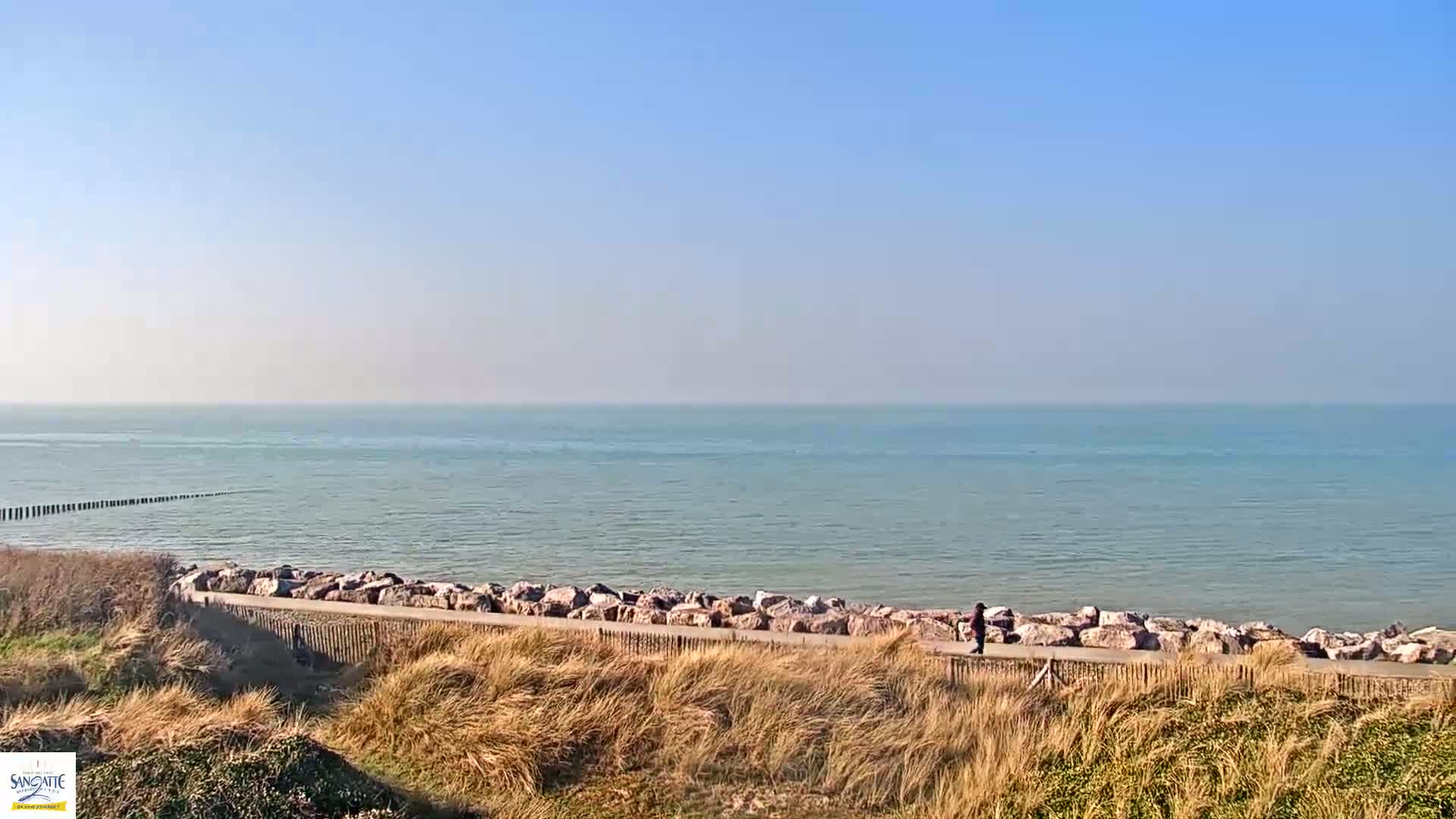A person walks along a paved path bordering a calm sea on a clear, sunny day, with a line of rocks separating the path from the water and tall grasses in the foreground.