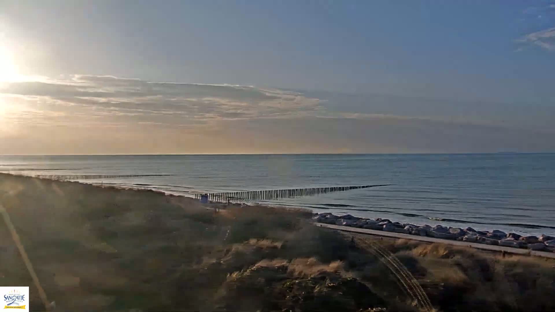 A calm ocean under a partly cloudy sunrise sky is viewed from a dune overlooking a beach with a long row of wooden posts in the water.