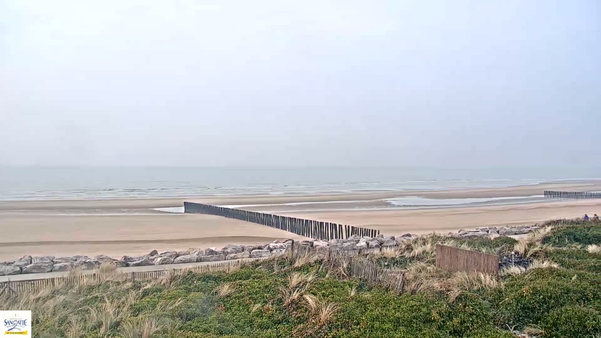 A hazy beach scene shows a calm sea, wet sand, and a long wooden barrier extending from the shore into the water.