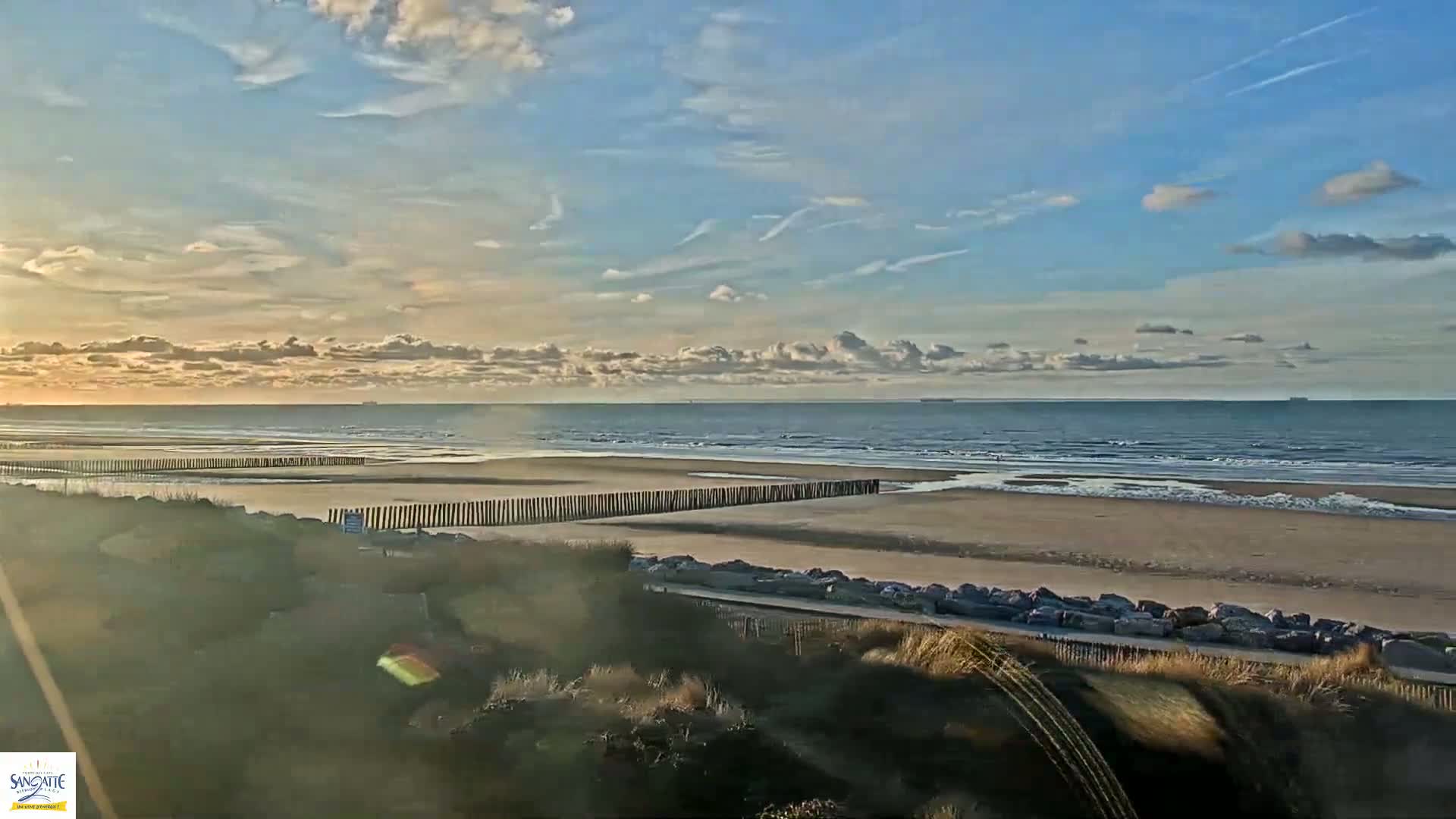 A sandy beach with a calm ocean under a partly cloudy sky shows a horizon line with some distant ships.