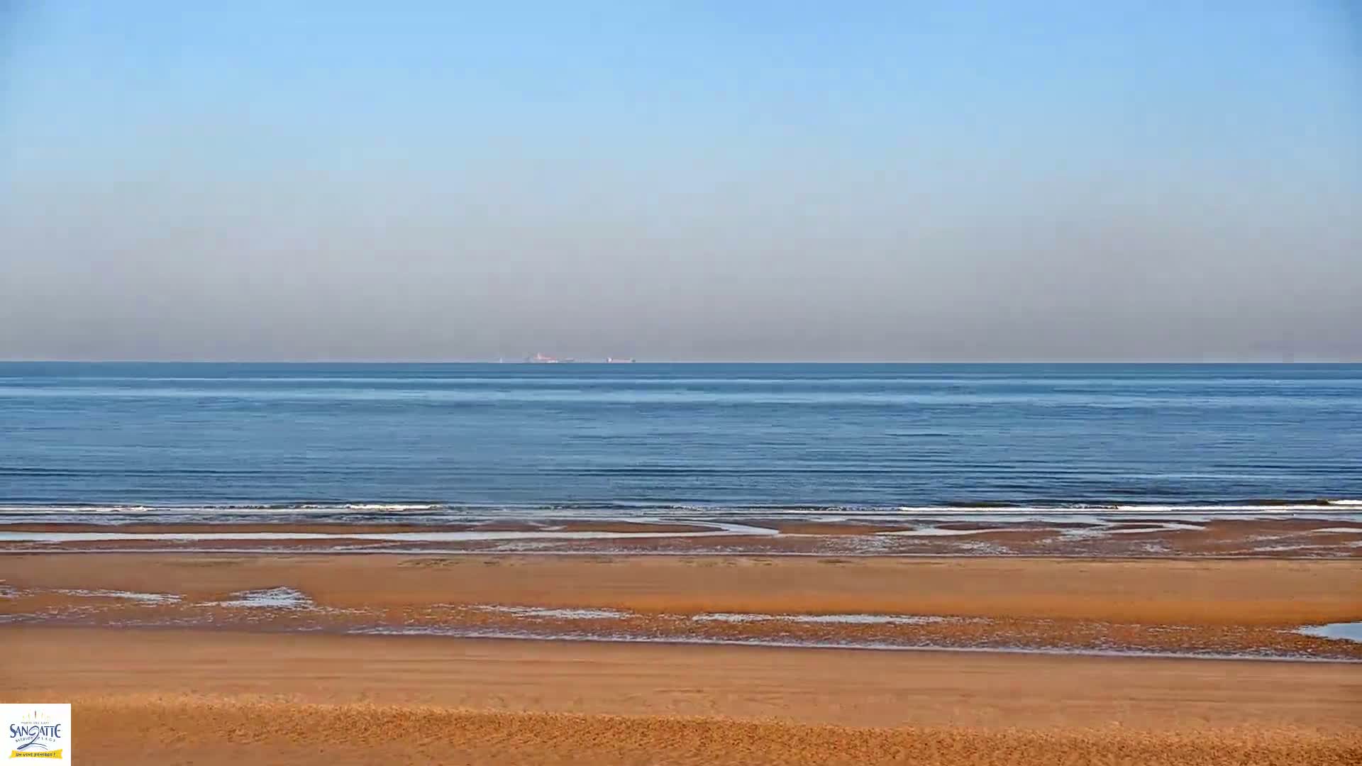 A sandy beach stretches to a calm, blue ocean under a clear sky.