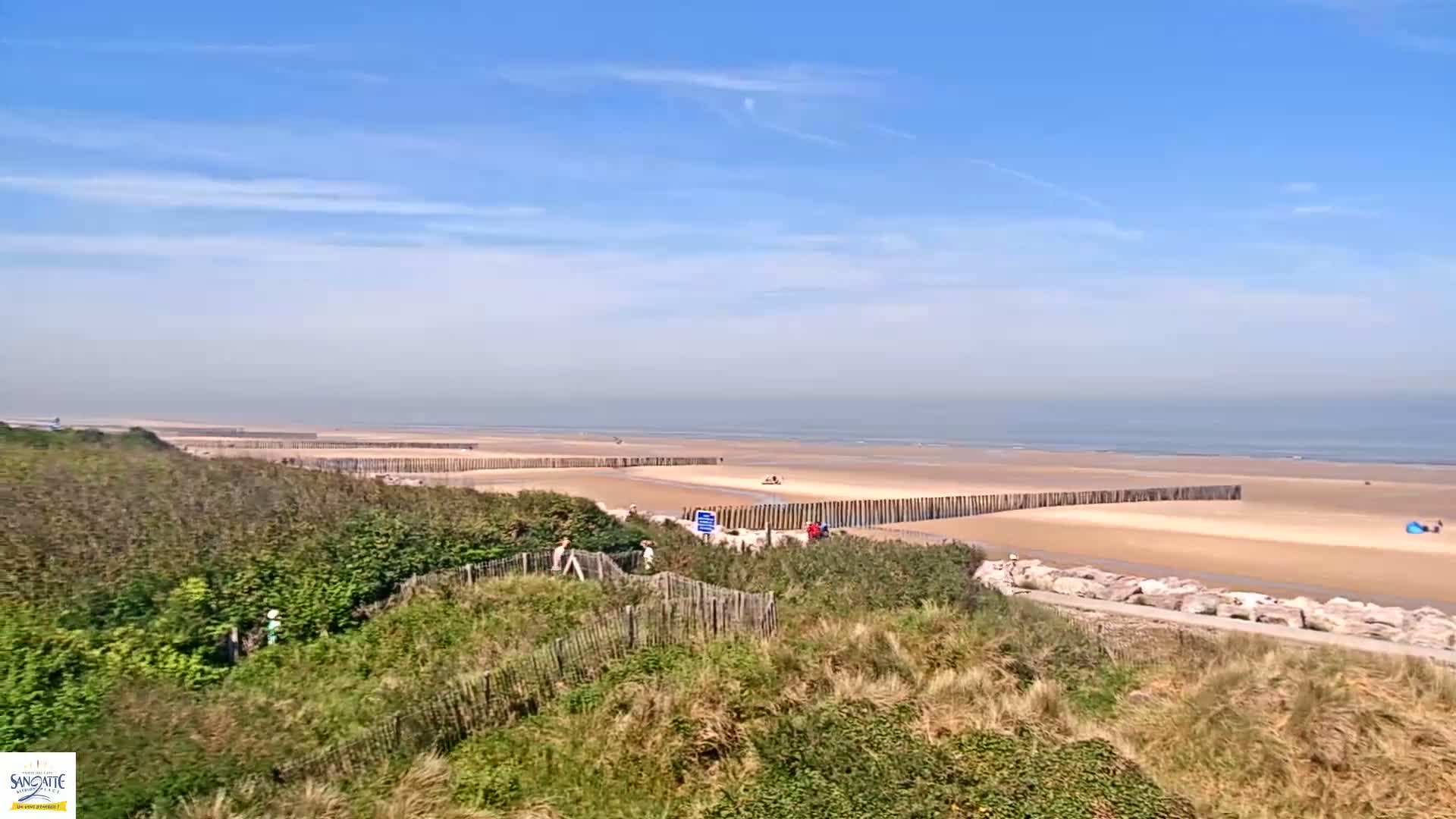 A sandy beach with wooden barriers stretches along a calm ocean under a clear blue sky.
