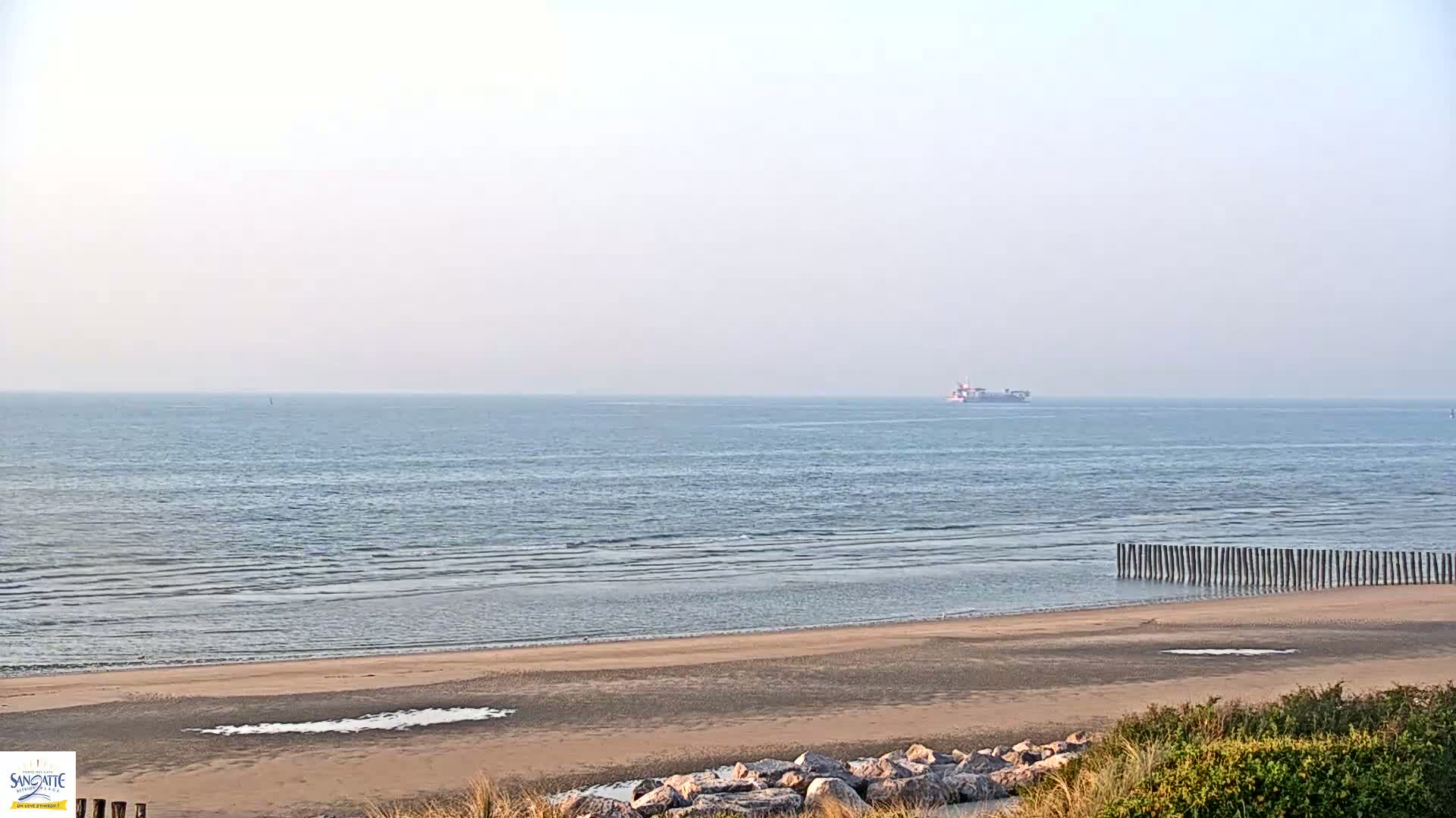 A sandy beach with a calm sea and a distant cargo ship under a hazy sky.