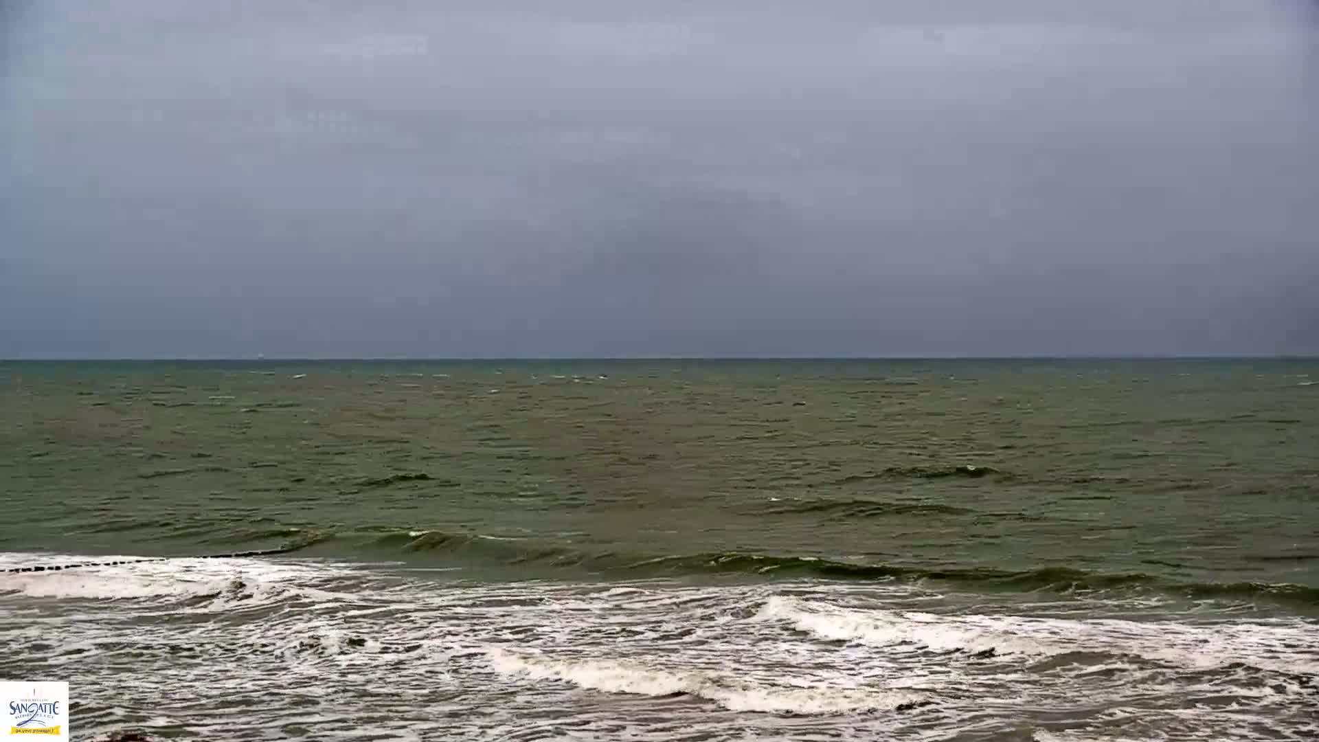 Under a gray sky, dark green ocean waves roll onto a shore.