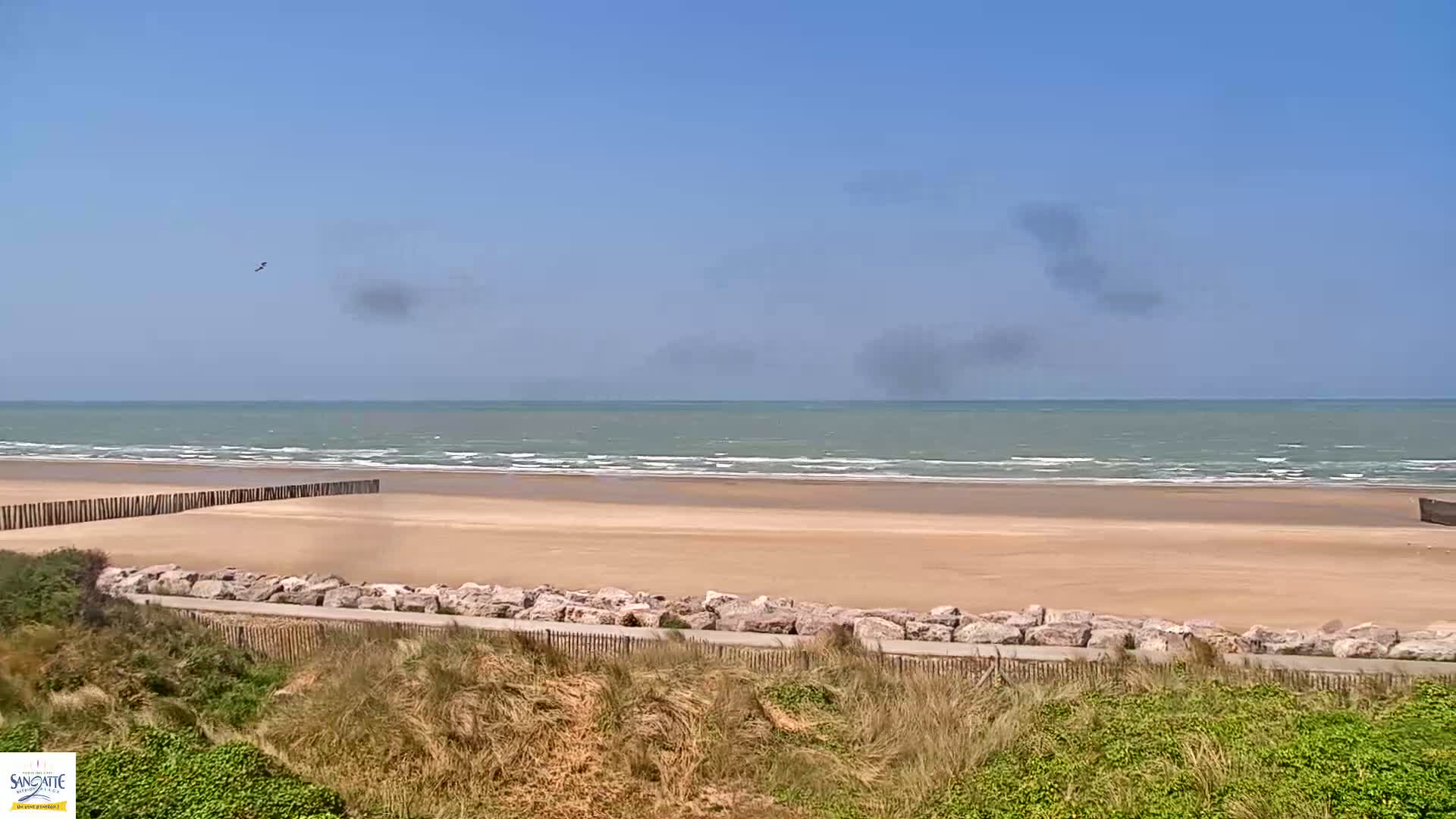 A sandy beach with a calm ocean under a mostly clear blue sky is viewed from a dune overlooking a rock wall separating the beach from vegetation.