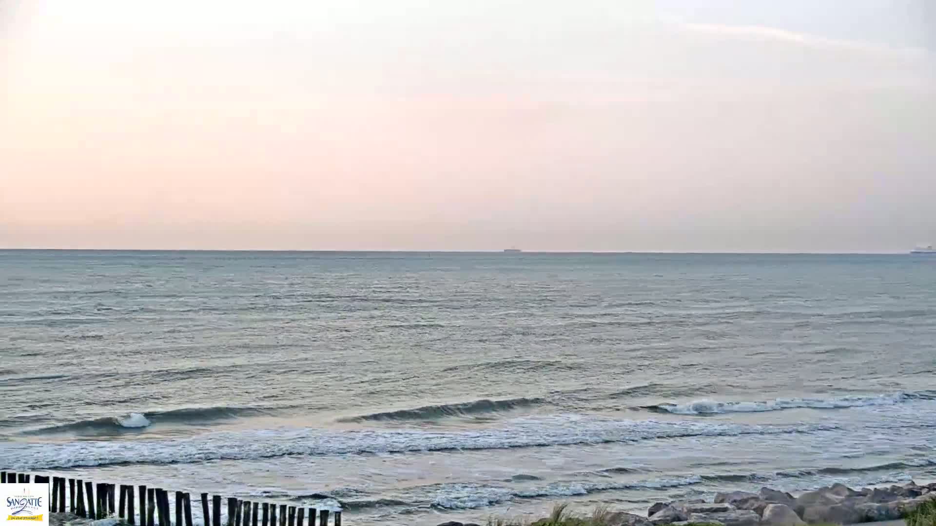Gentle waves roll onto a beach under a pale pink and gray sky.