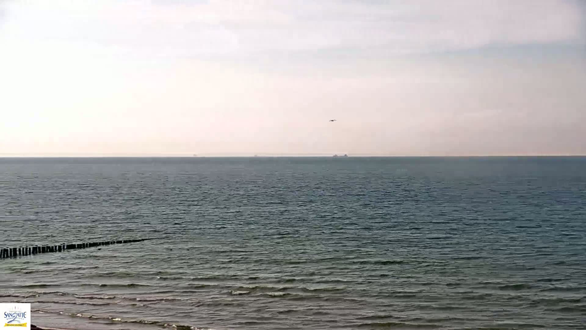 A calm sea with a few ships on the horizon under a hazy sky, and a section of a beach with a breakwater visible in the foreground.