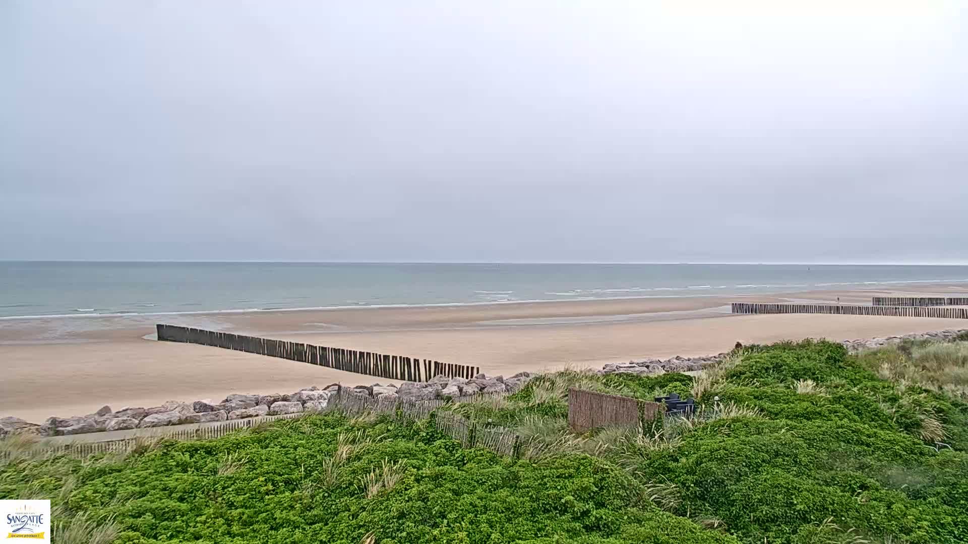 A sandy beach with a calm ocean under an overcast sky is viewed from above a dune covered in green vegetation.