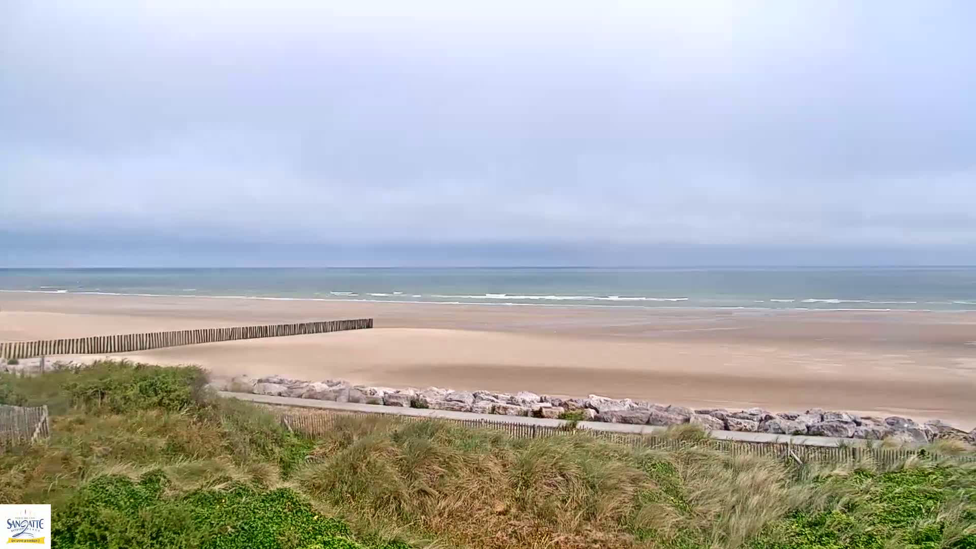 A sandy beach with a calm ocean under an overcast sky is viewed from a dune covered in grasses.