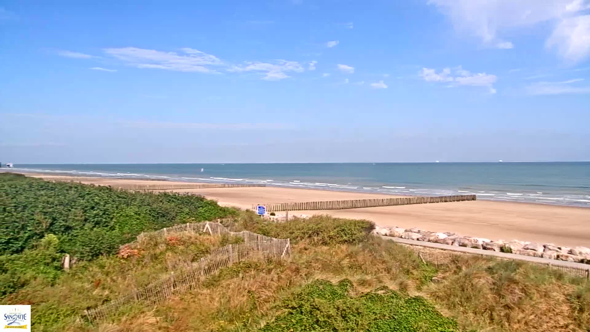 A sandy beach with calm ocean waves under a mostly clear blue sky is viewed from a dune covered in green and brown vegetation.