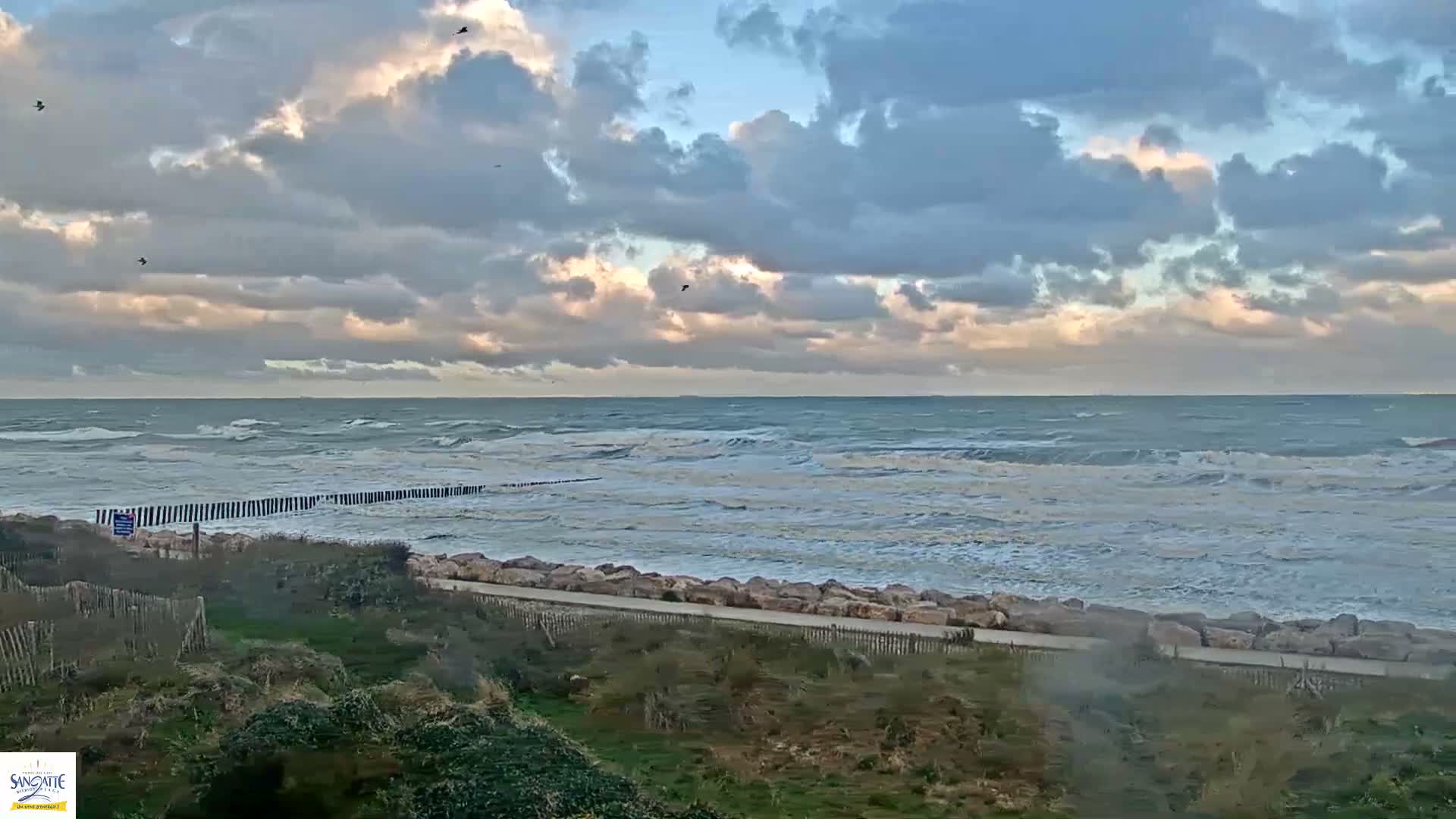 A dynamic ocean with frothy waves breaks against a shore featuring wooden groynes, a rocky barrier, and a green coastal path, all under a dramatic, partly overcast sky with hints of lighter clouds and several birds in flight.
