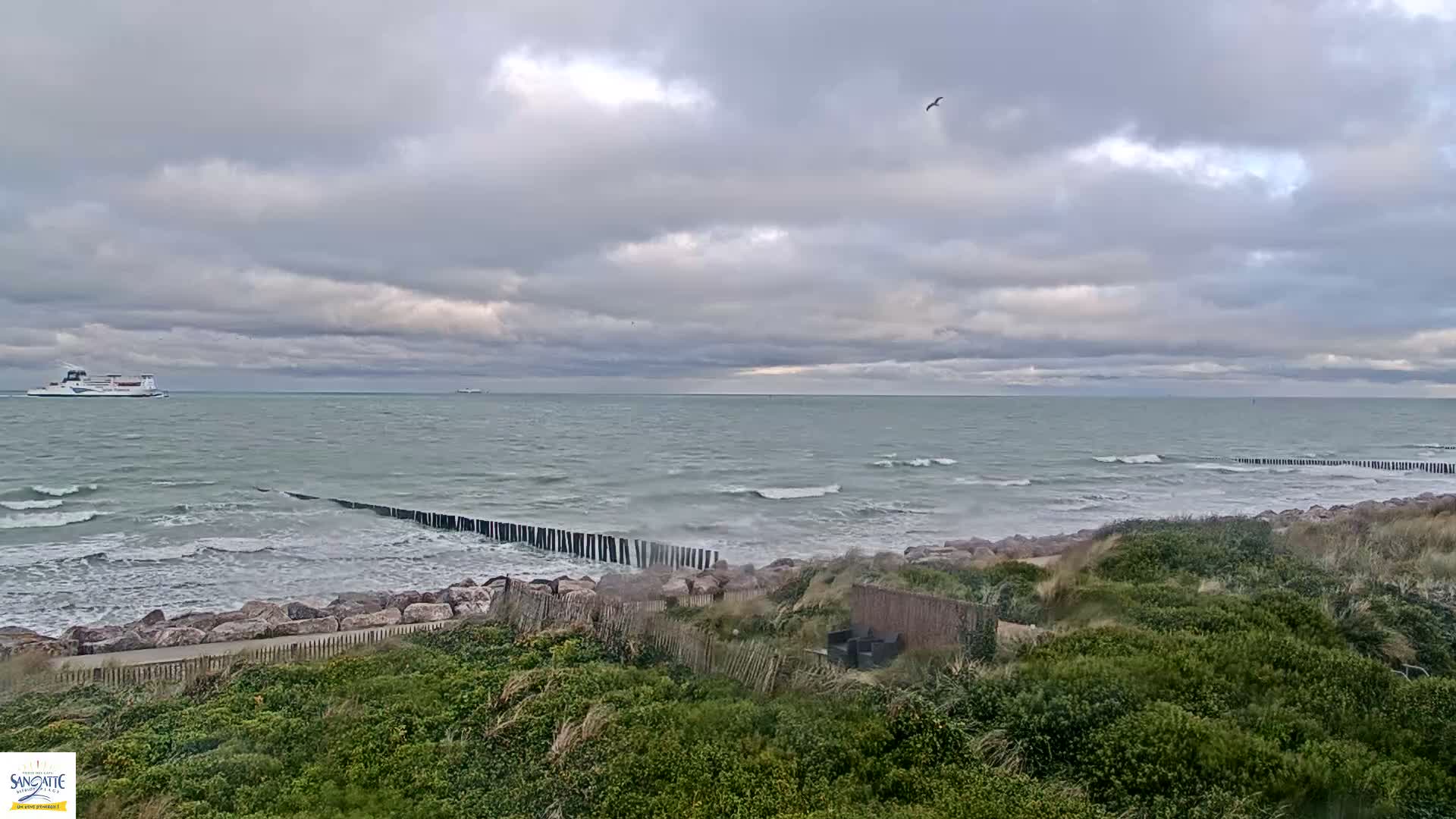 A dynamic ocean with frothy waves breaks against a shore featuring wooden groynes, a rocky barrier, and a green coastal path, all under a dramatic, partly overcast sky with hints of lighter clouds and several birds in flight.