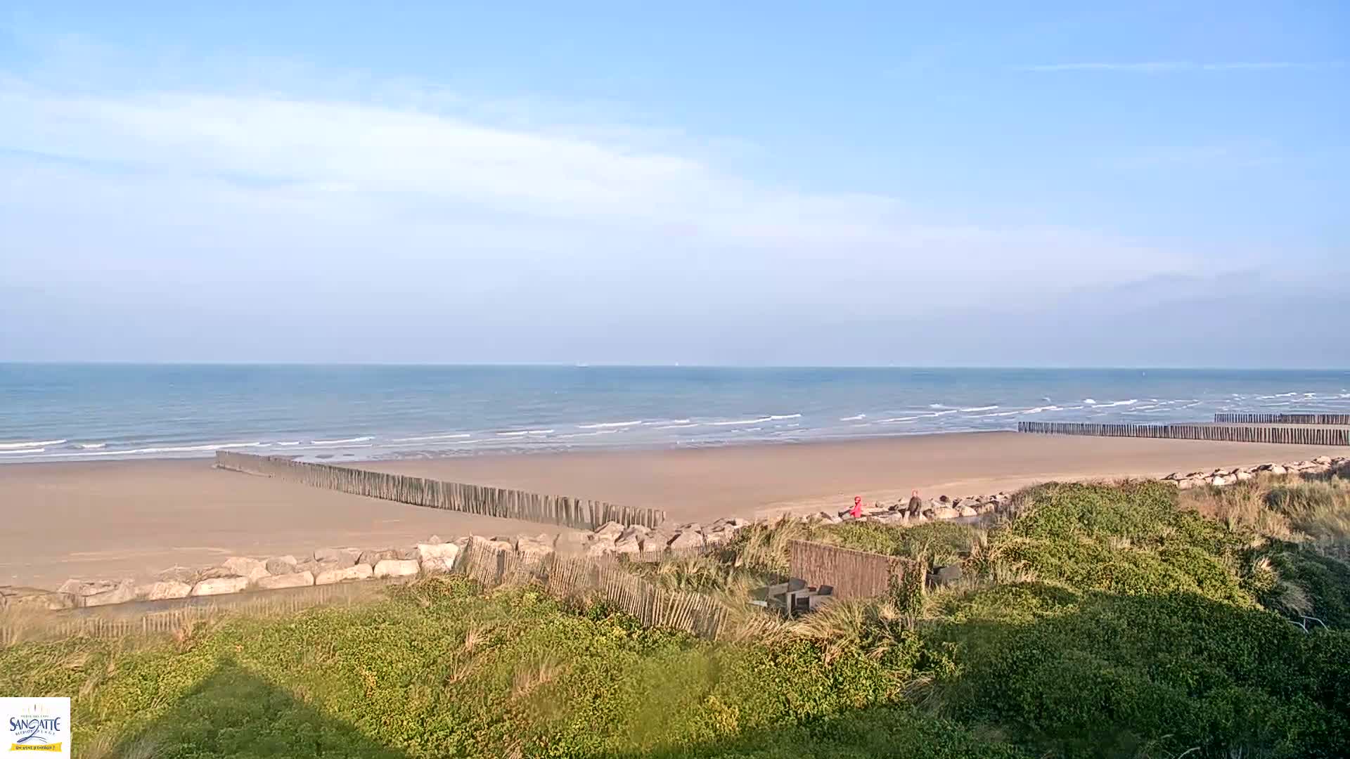 A windswept sandy beach with foamy waves rolling in from a choppy sea under a partly cloudy sky, with several ships visible on the distant horizon and a wooden groyne on the lower right.