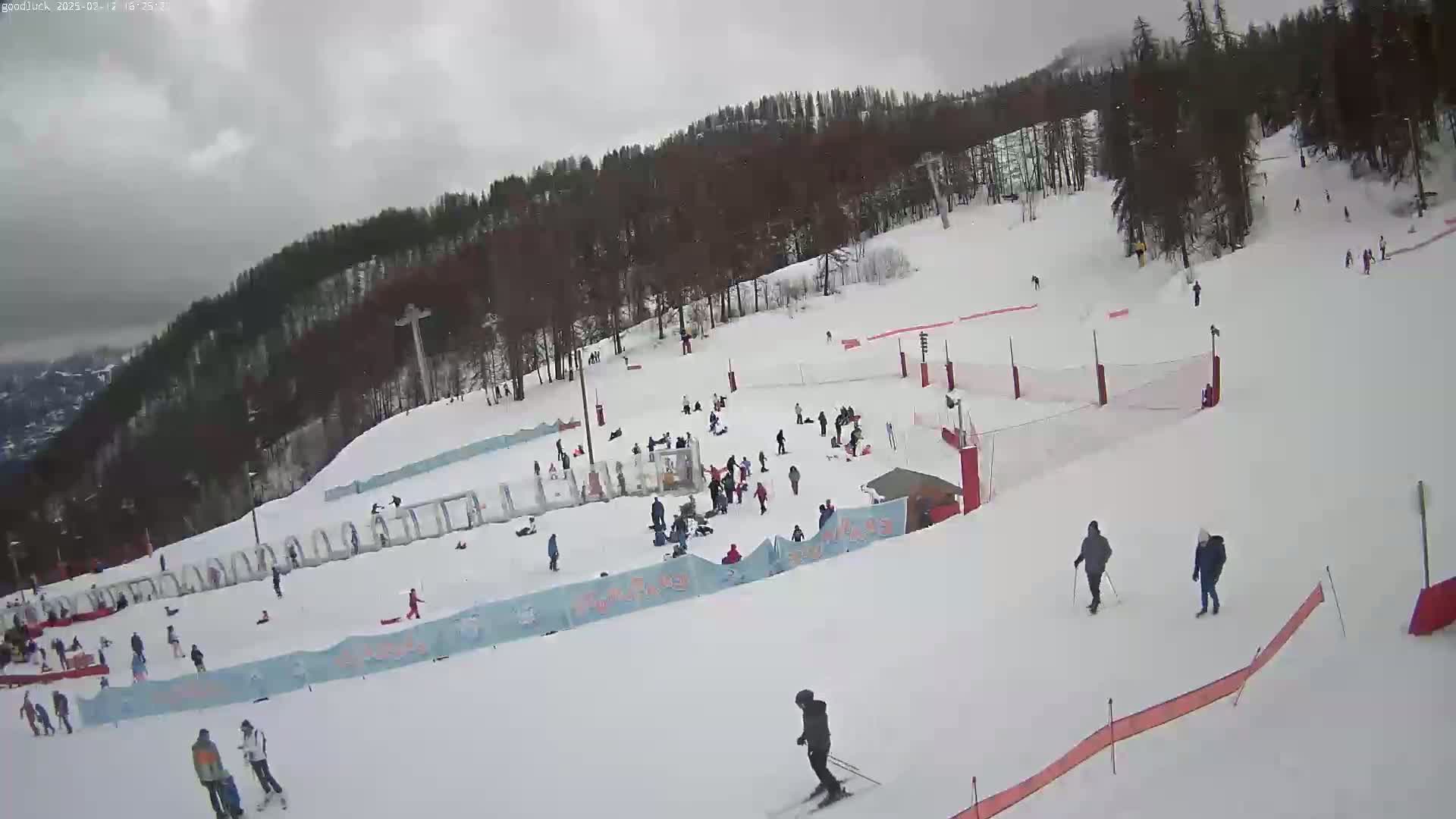 A snowy ski slope with several skiers and snowboarders, under an overcast sky.