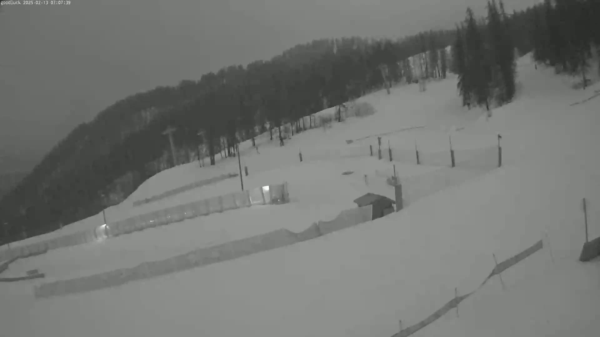 A snow-covered ski slope with trees in the background under a dark, overcast sky.