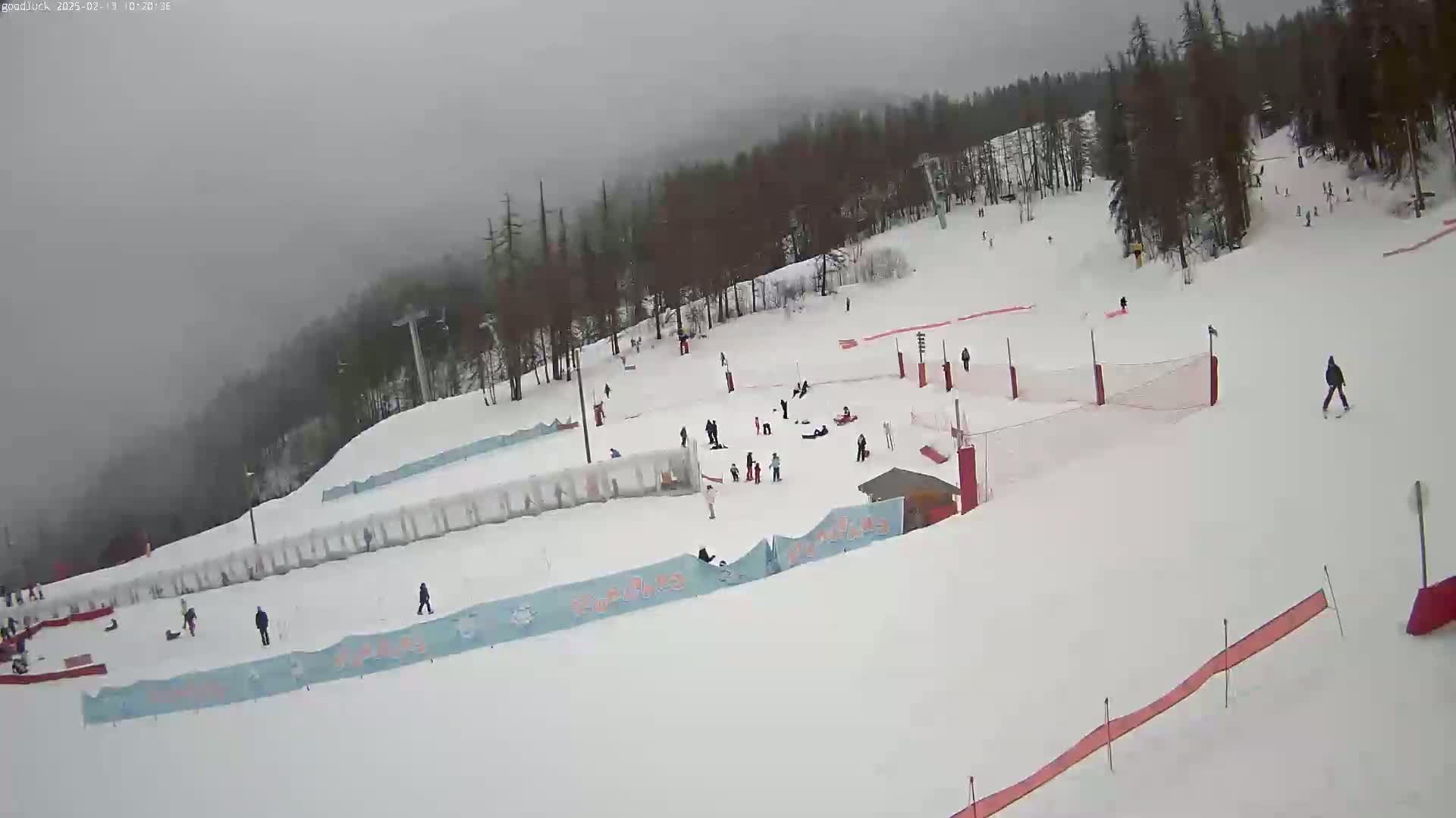 A snowy ski slope with several skiers and snowboarders visible under overcast skies.