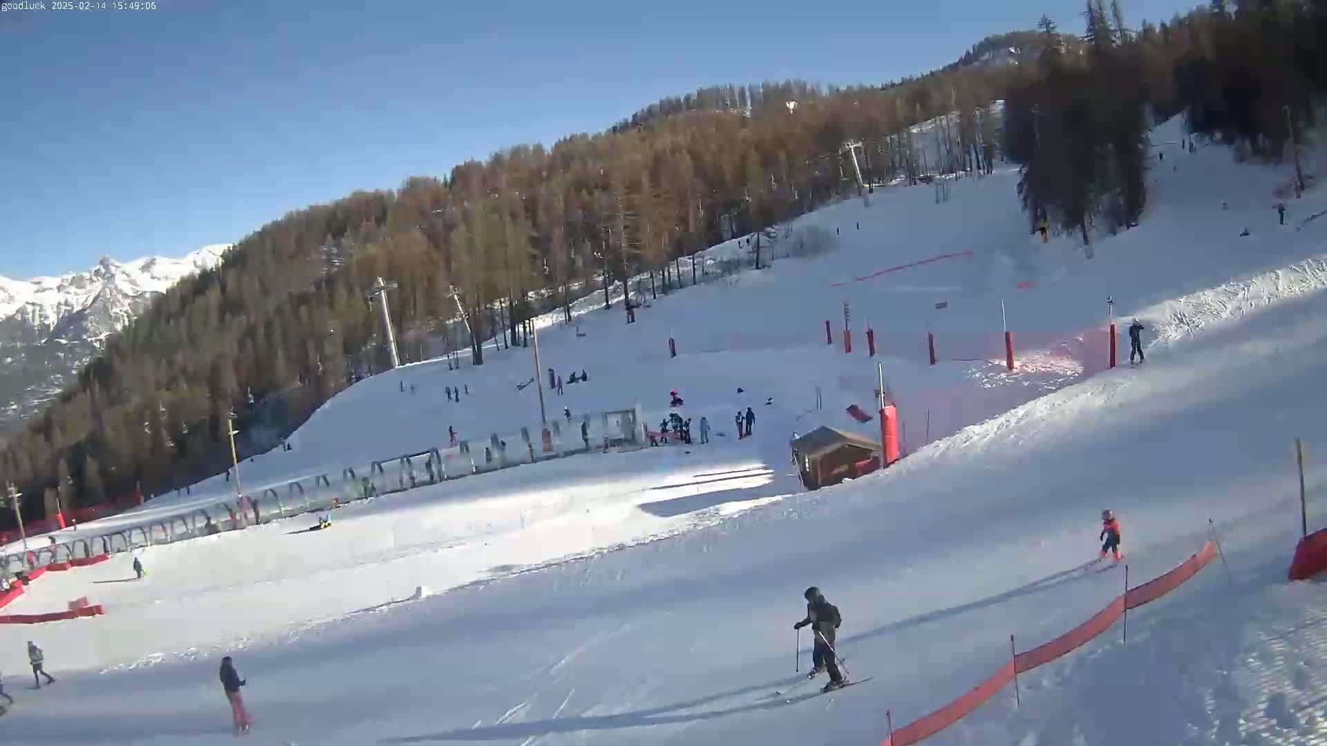 A snow-covered ski slope with several skiers and snowboarders, surrounded by trees and mountains under a clear, sunny sky.