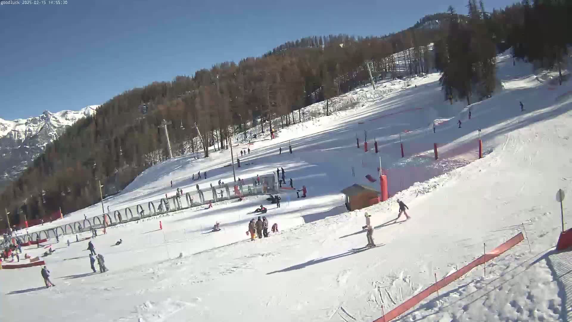 A snow-covered ski slope with several skiers and snowboarders, surrounded by trees and mountains under a sunny sky.