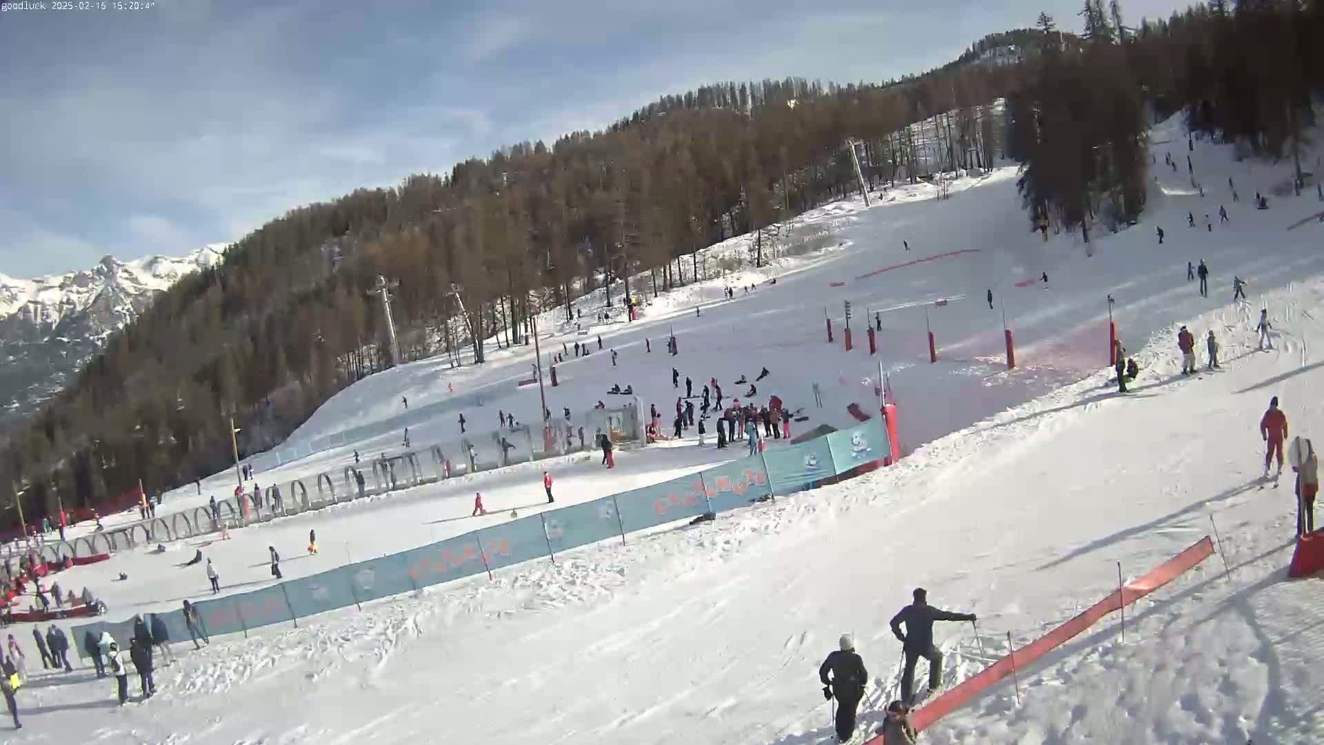 A snowy ski slope with skiers and snowboarders on a sunny day, backed by a forested mountain range.