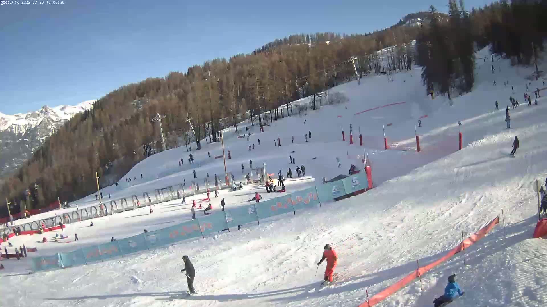 A sunny day at a snow-covered ski resort shows numerous skiers and snowboarders of various skill levels enjoying the slopes, with ski lifts and snowmaking equipment visible.