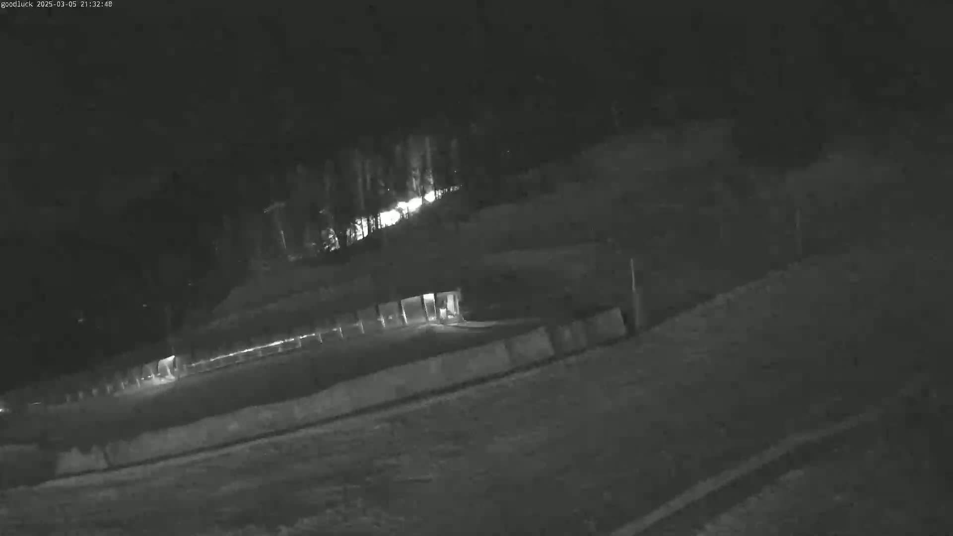 A nighttime, low-light image shows a paved area next to a fence and a sloped yard leading to a dark wooded area.