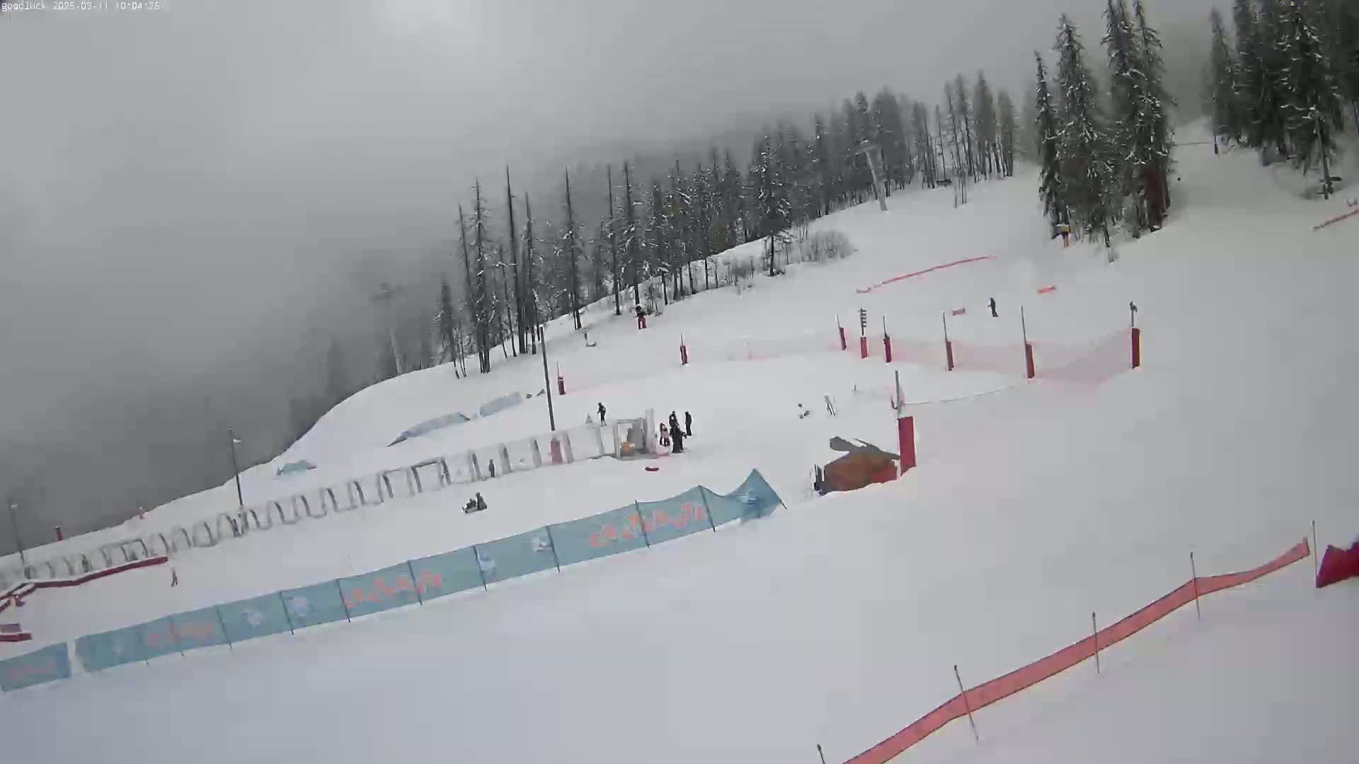 A snowy ski slope with several people near the bottom, surrounded by a forest under an overcast sky.