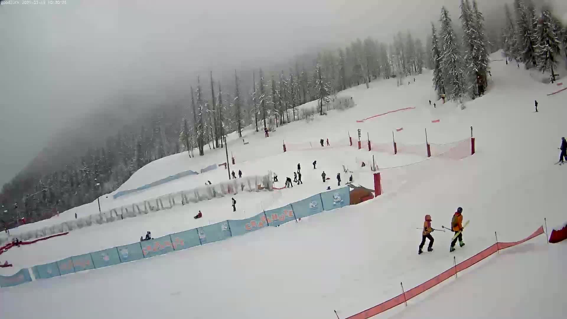 A snowy ski slope with several skiers and snowboarders, surrounded by snow-covered trees under an overcast sky.