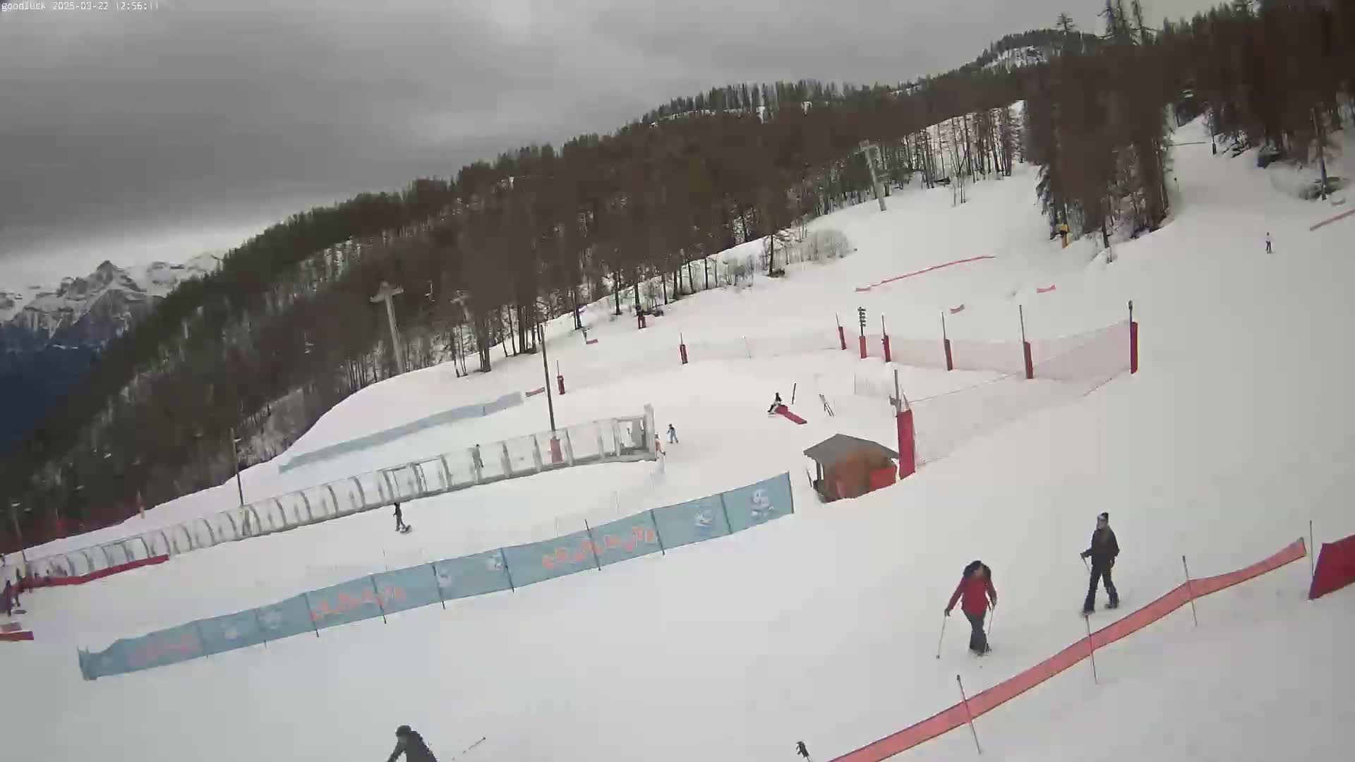 A snow-covered ski slope with several skiers, surrounded by trees under an overcast sky.