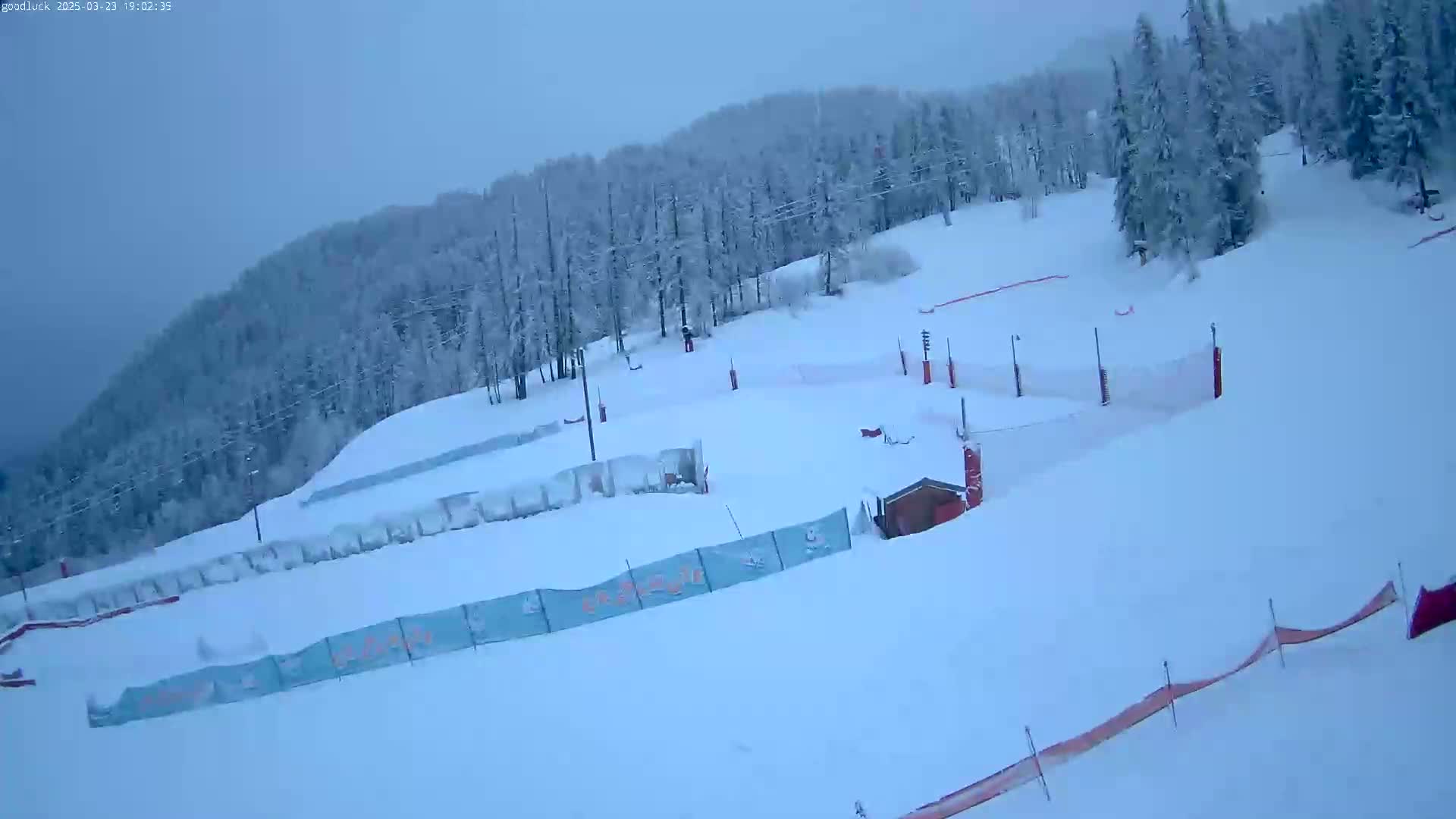 A snow-covered ski slope with numerous fences and markers, under an overcast sky.