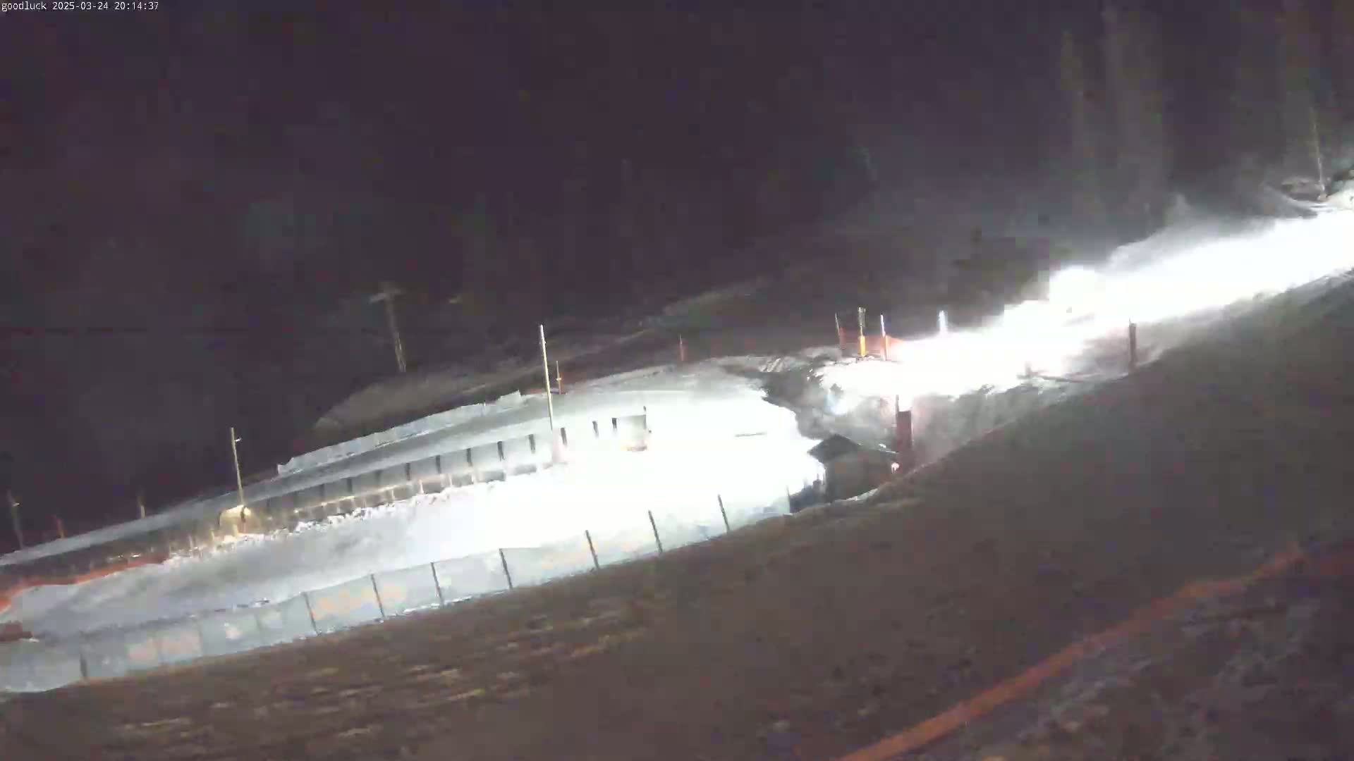 A snow-covered area, possibly a ski slope, is illuminated at night under snowy conditions.