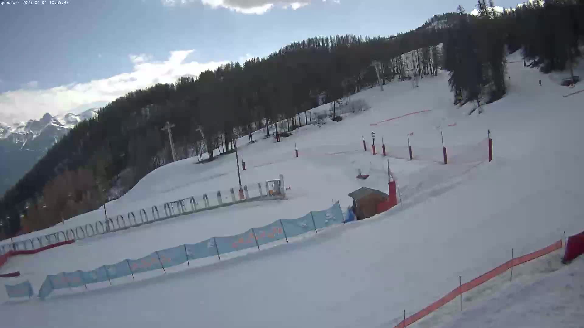 A snowy ski slope with a mostly clear sky, bordered by a coniferous forest and distant mountains.