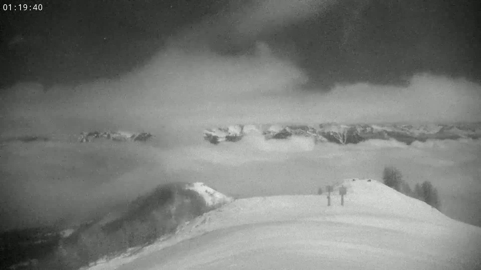 A snowy, mountainous landscape is shrouded in fog under a dark, cloudy sky, with two figures visible in the lower right on a snow-covered hill.