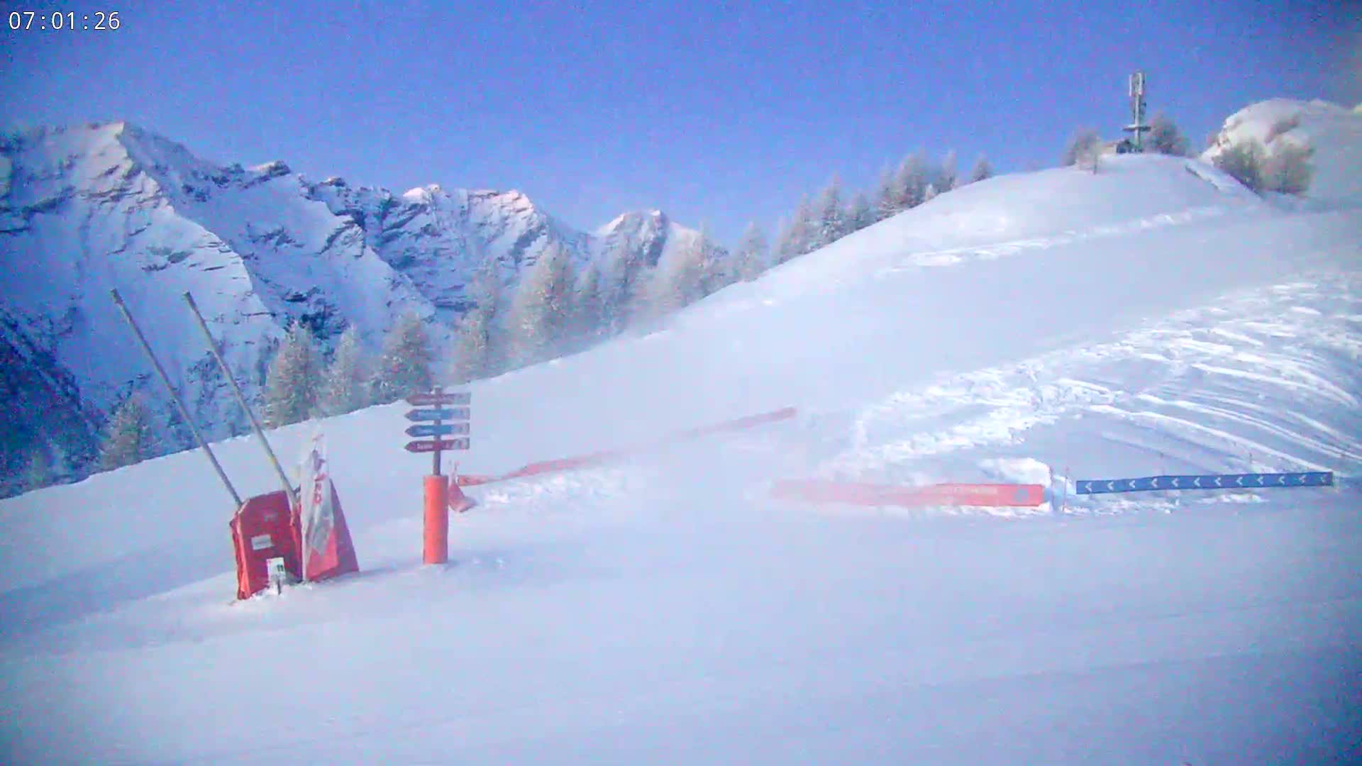 A snowy mountain slope with a clear blue sky, some sparse trees, and a few ski slope markers visible in a light snow flurry.