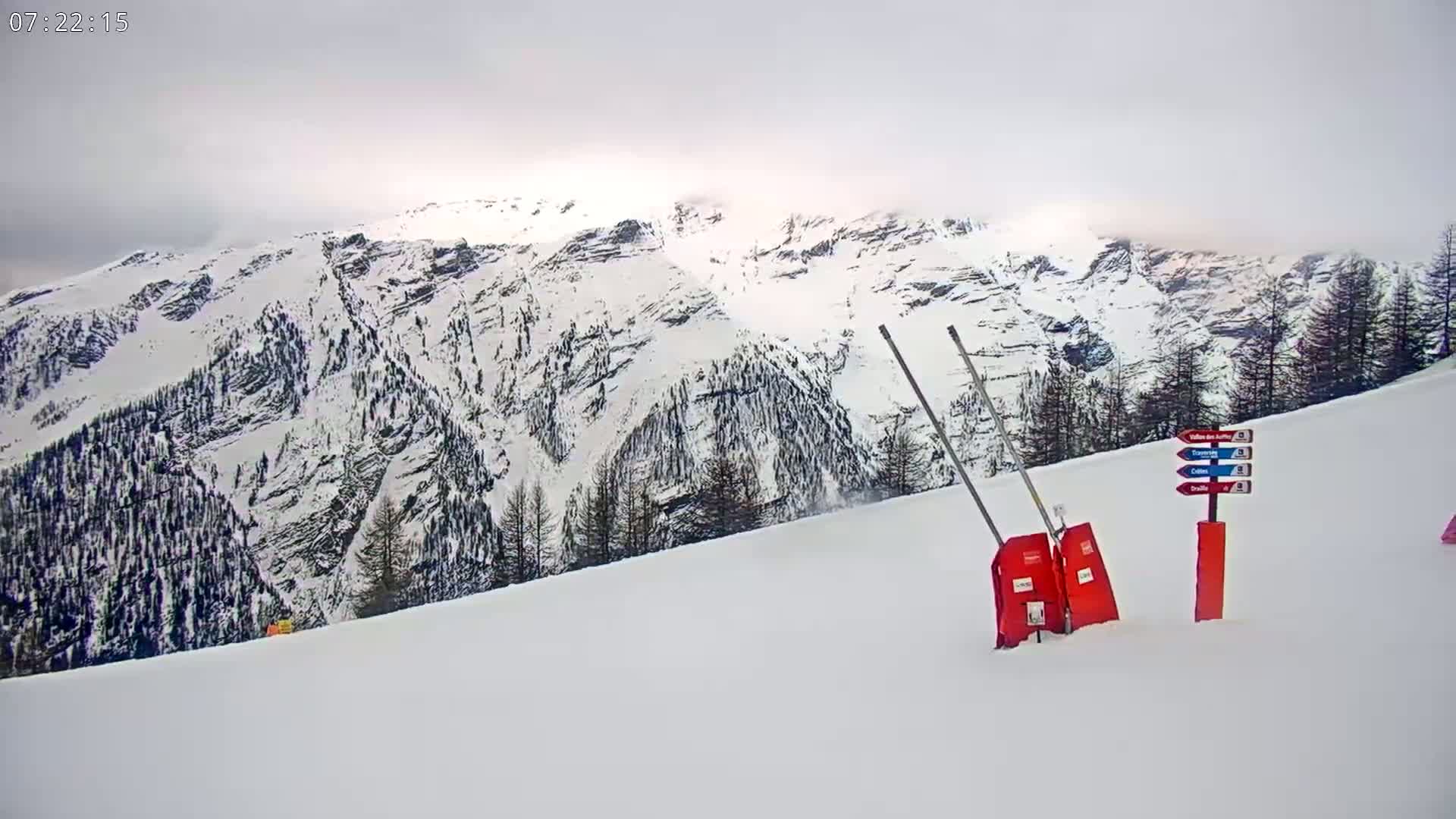 A snowy mountain slope with overcast skies features two red snow safety devices and a trail marker.