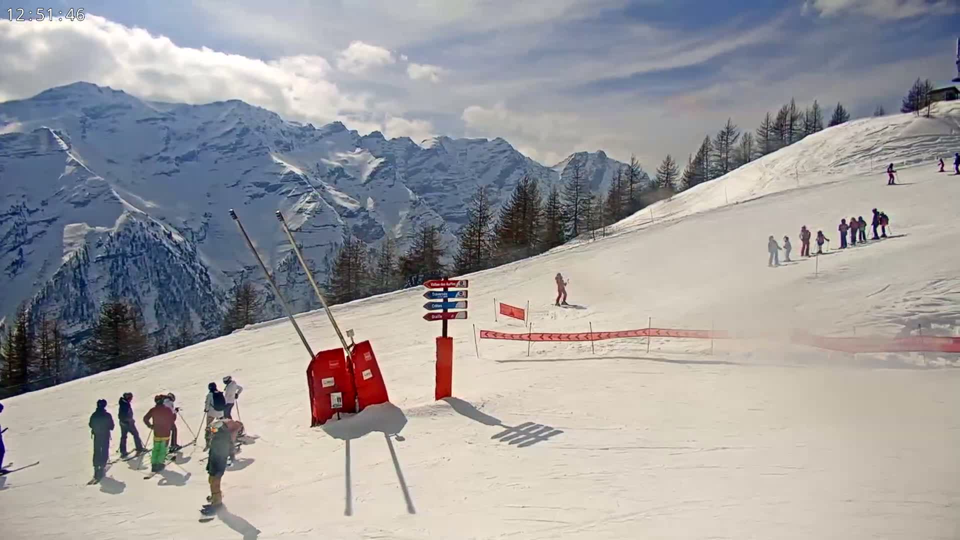 A snowy ski slope with skiers and snowboarders on a partly cloudy day, featuring snow-covered mountains in the background.