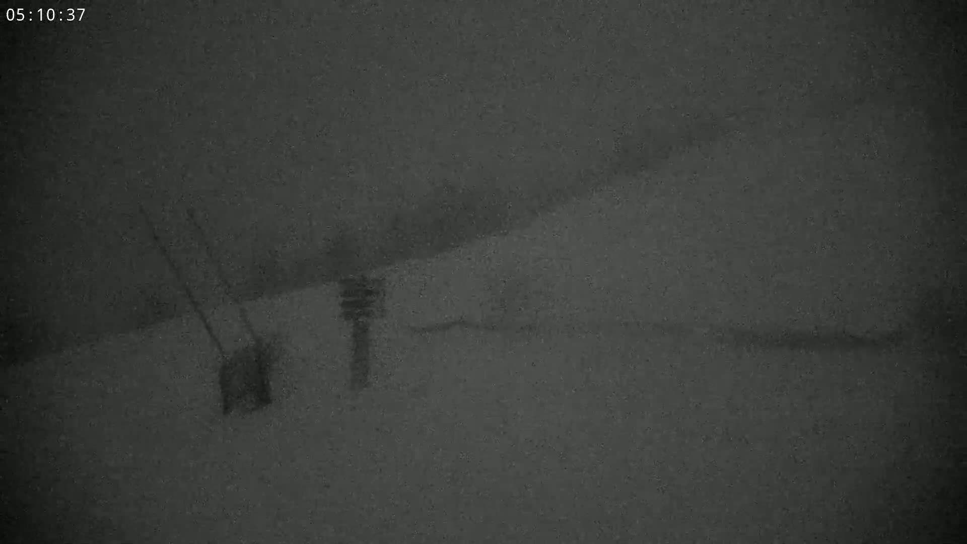 A snowy, dimly lit outdoor scene shows two indistinct objects resembling ski poles and a post-like structure partially obscured by blowing snow.