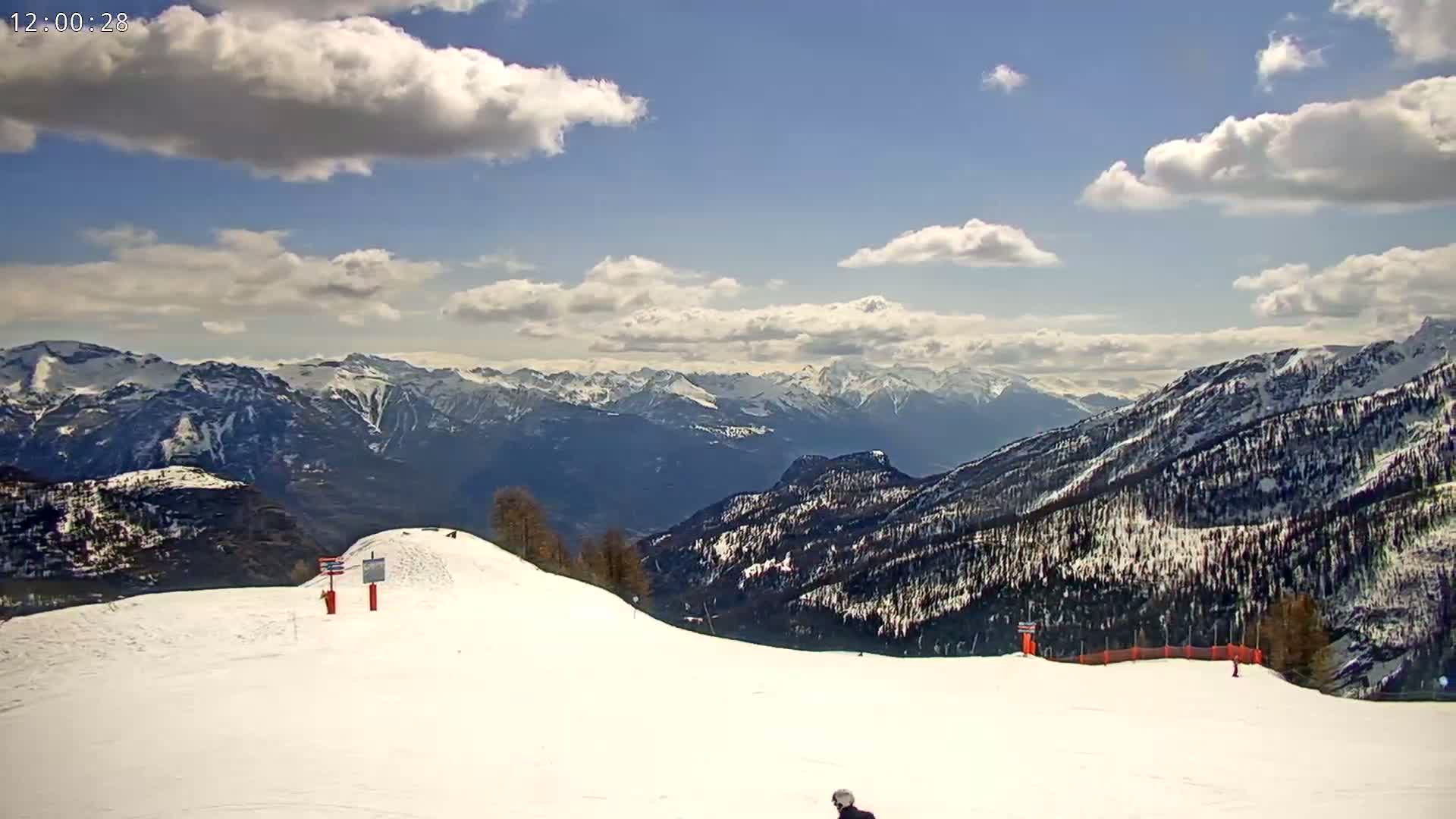 A snow-covered mountain slope overlooks a valley of snow-capped mountains under a partly cloudy sky.