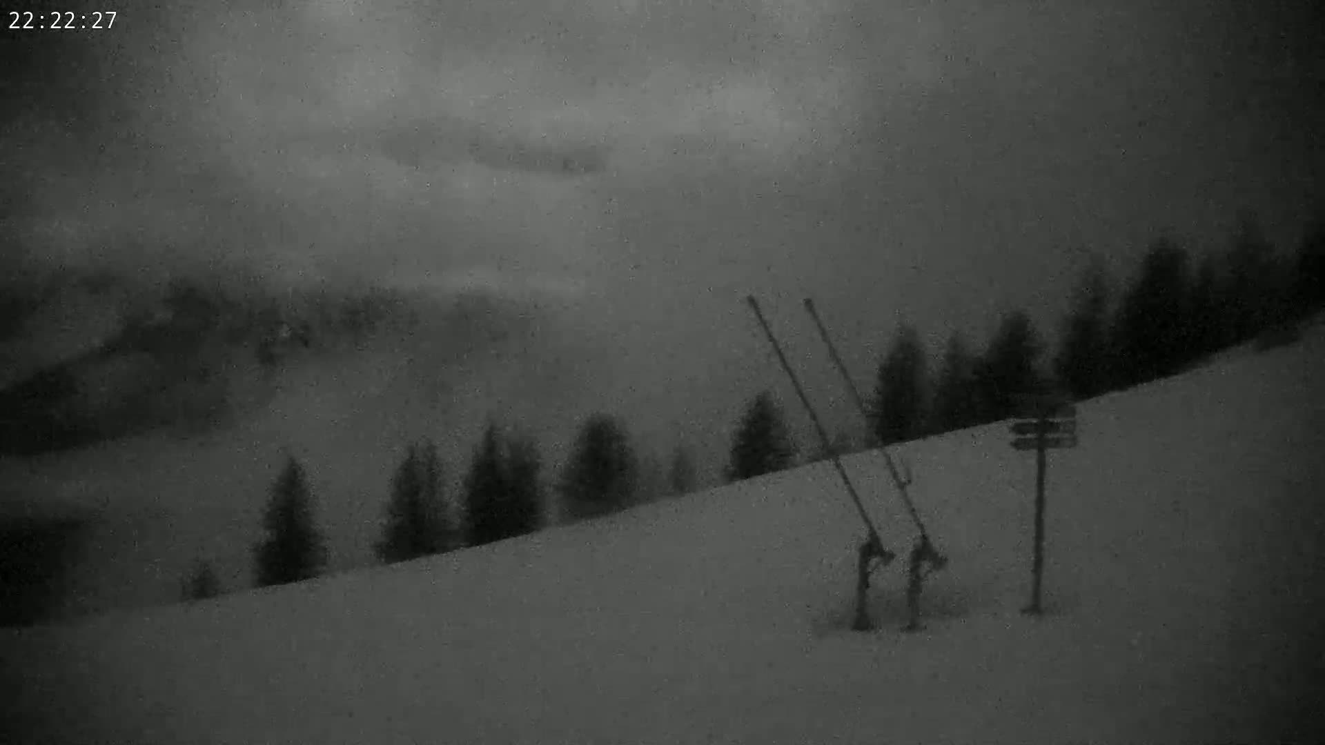 A snowy, overcast hillside at night shows a pair of skis leaning against a signpost, with a dark line of trees in the background.
