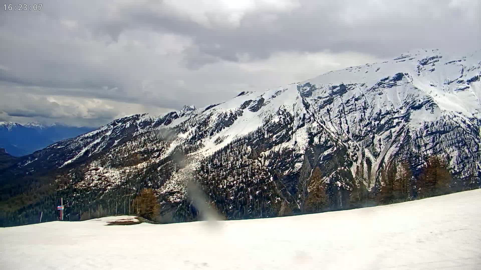 A snow-covered mountain range is viewed from a snowy, lower elevation under a cloudy sky.