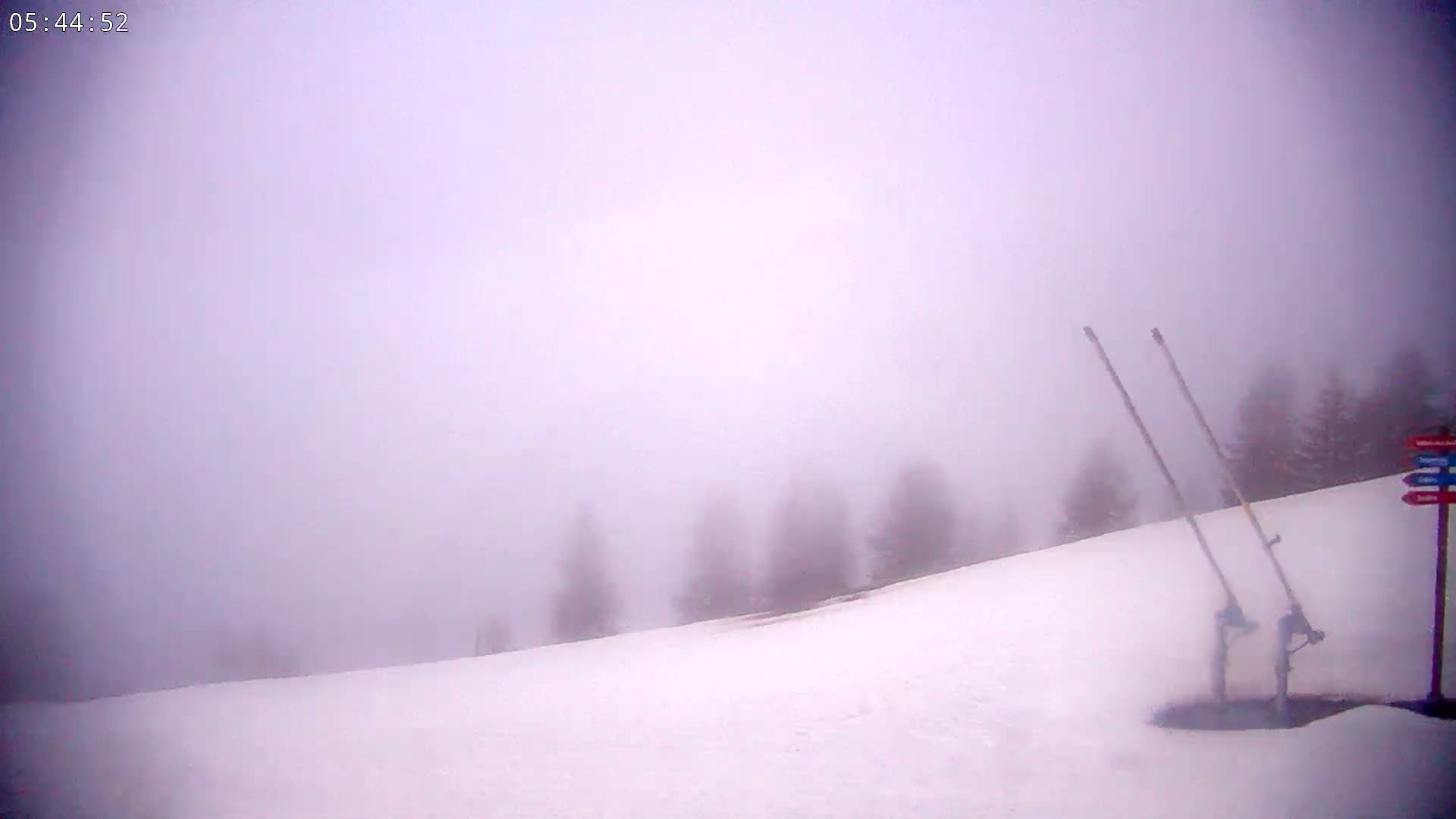 A snowy, fog-shrouded hillside features a pair of ski lift poles, with a few indistinct trees in the background.