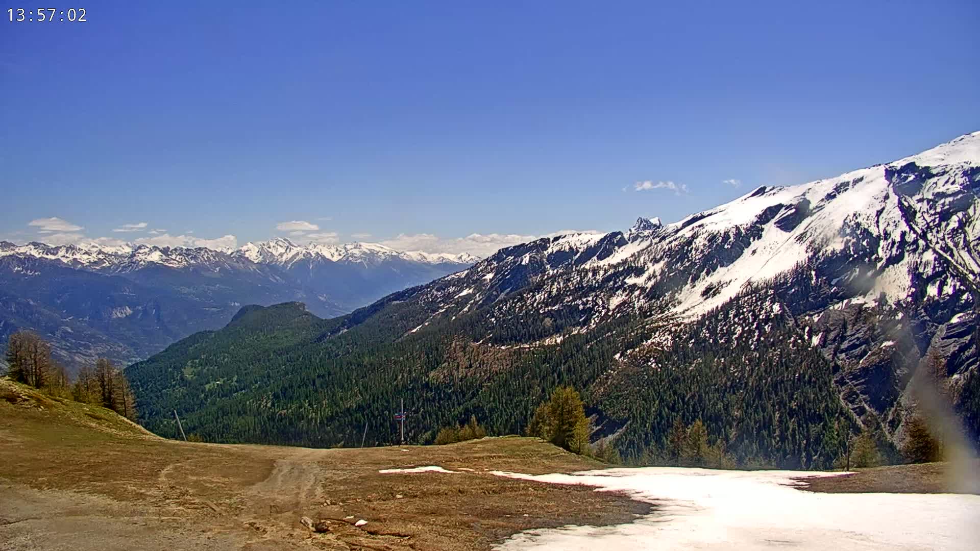 A mostly clear, sunny day reveals a mountainous landscape with snow-capped peaks, a foreground of brown, barren land with patches of snow, and a background of dark green forests.
