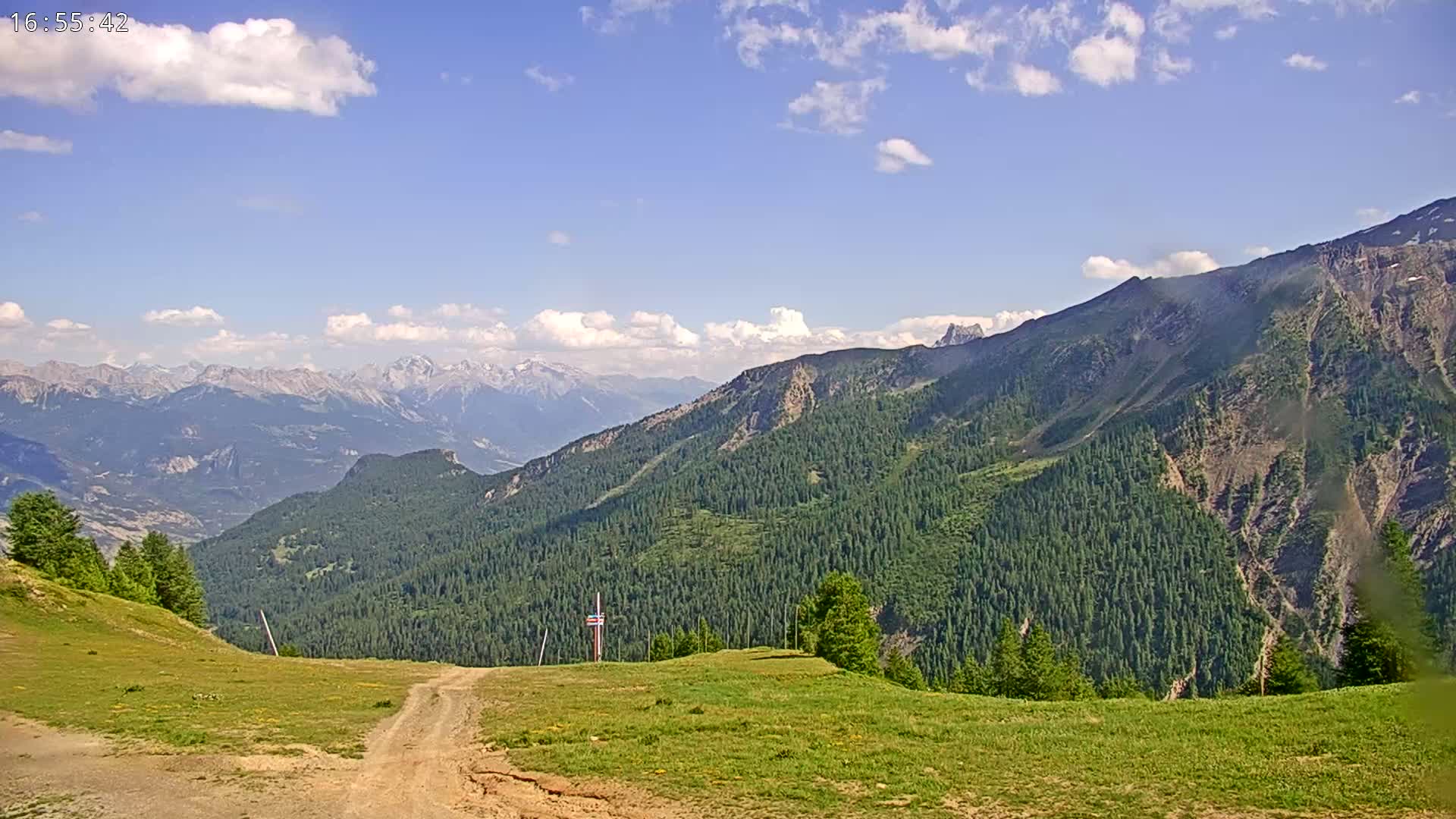 A partly cloudy sky overlooks a mountain range covered in lush green forests and a grassy field with a dirt road leading to a distant peak.