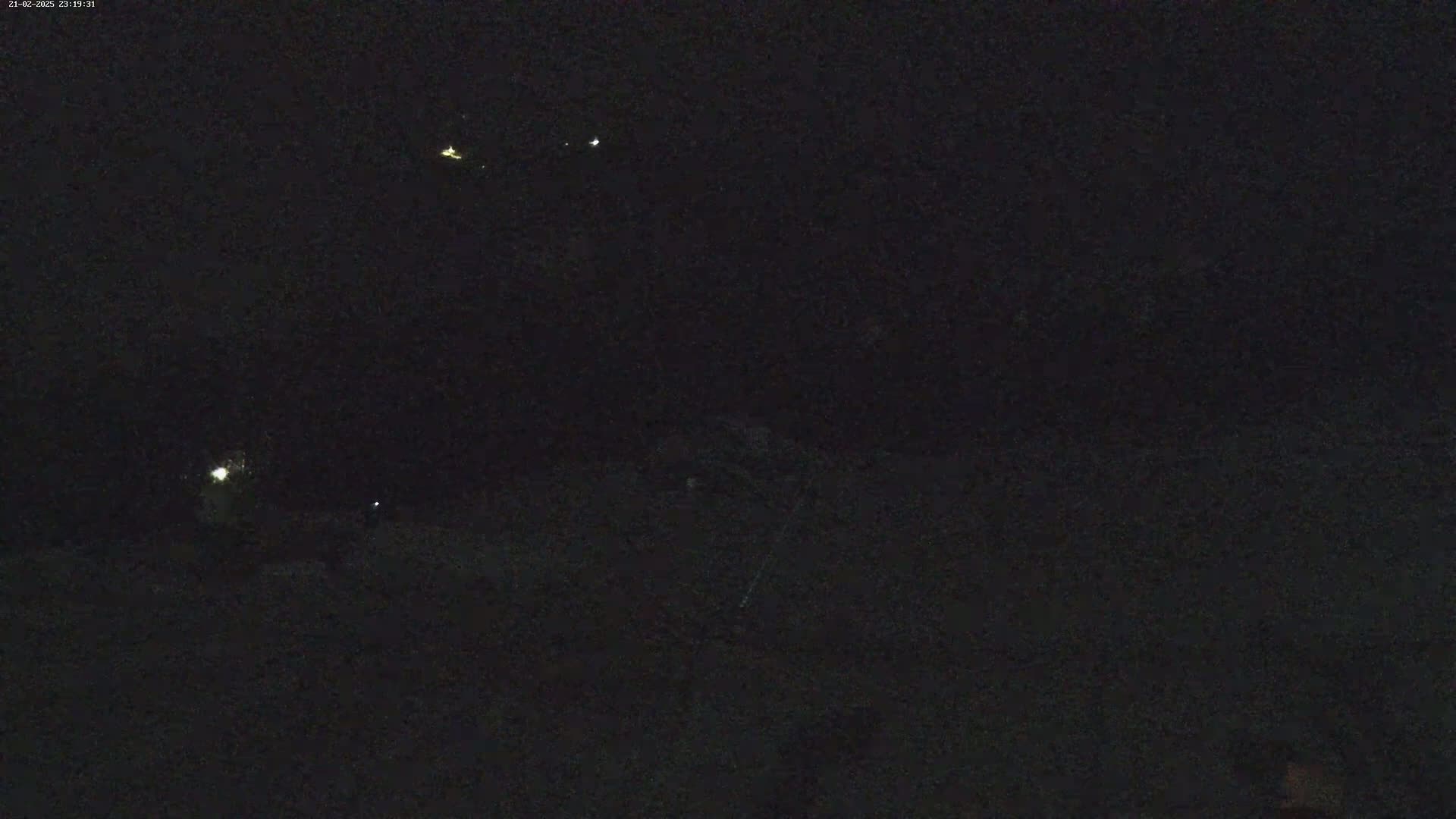 A dark, nighttime scene shows several faint lights in the distance and a few indistinct figures near the bottom.