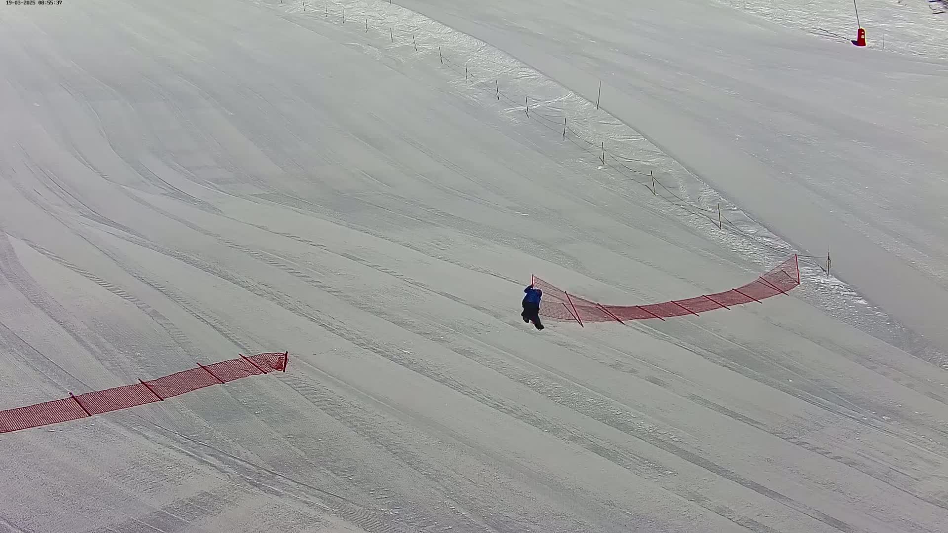 A person in a blue jacket skis down a snowy slope, near a red safety net.